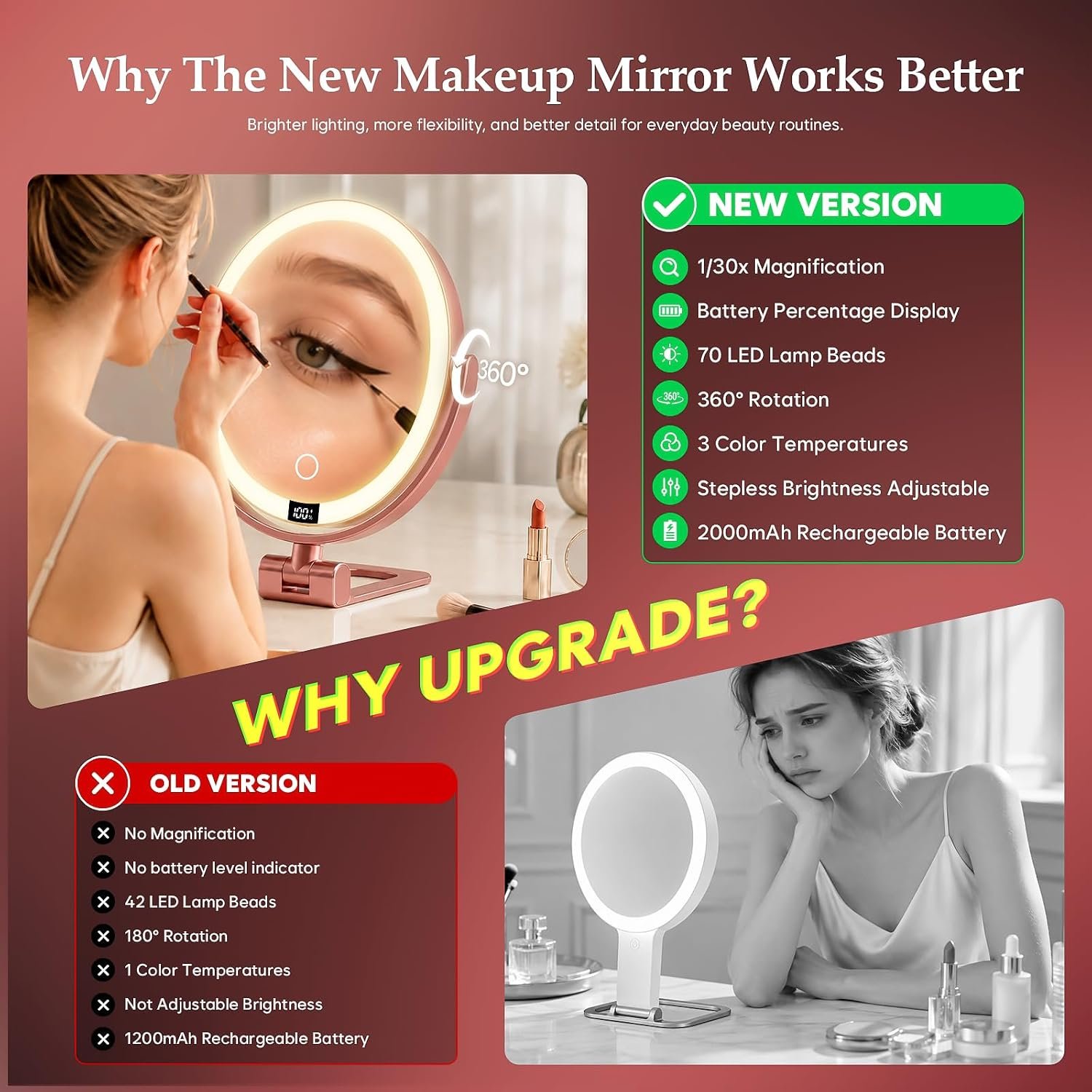 1X/30X Makeup Mirror with Lights, Magnifying Mirror (Rose Gold) | 7 in tabletop| 70 LEDs| 3 color dimming| battery display| 360 rotation| 2000mAh battery| for desk, dorm, travel, gift - Image 6