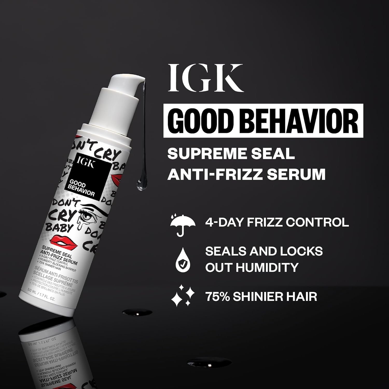 IGK Good Behavior Anti-Frizz Smoothing Serum – Boosts Shine, Seals Out Humidity, UV & Heat Protection, For Dry Frizz-Prone Hair, 1.3 oz - Image 2