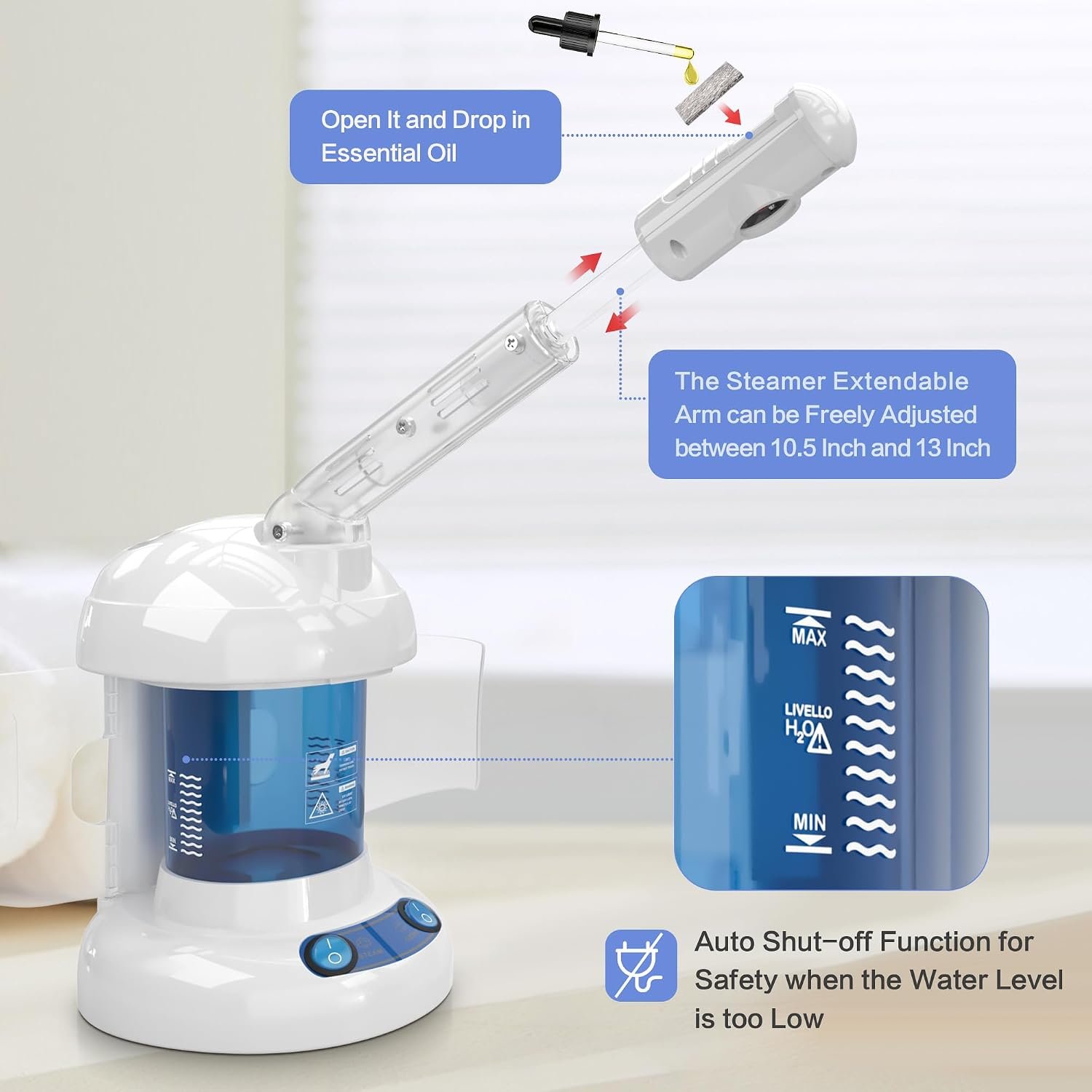 Facial Steamer, Ozone Nano Ionic Face Steamer for Deep Cleaning | Extendable arm with 360° rotating nozzle, 400ml water tank provides 40 minutes of steam for daily skincare at home or salon - Image 5