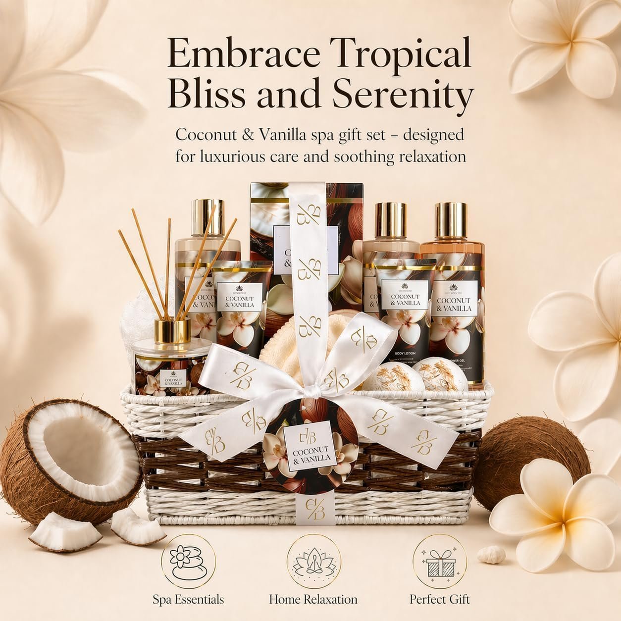 Spa Gift Basket for Women, Coconut & Vanilla 12-Piece Bath Gift Set with Shower Gel, Shampoo, Bubble Bath, Diffuser, Bath Bombs & Lotion, Birthday Gifts for Her - Image 3