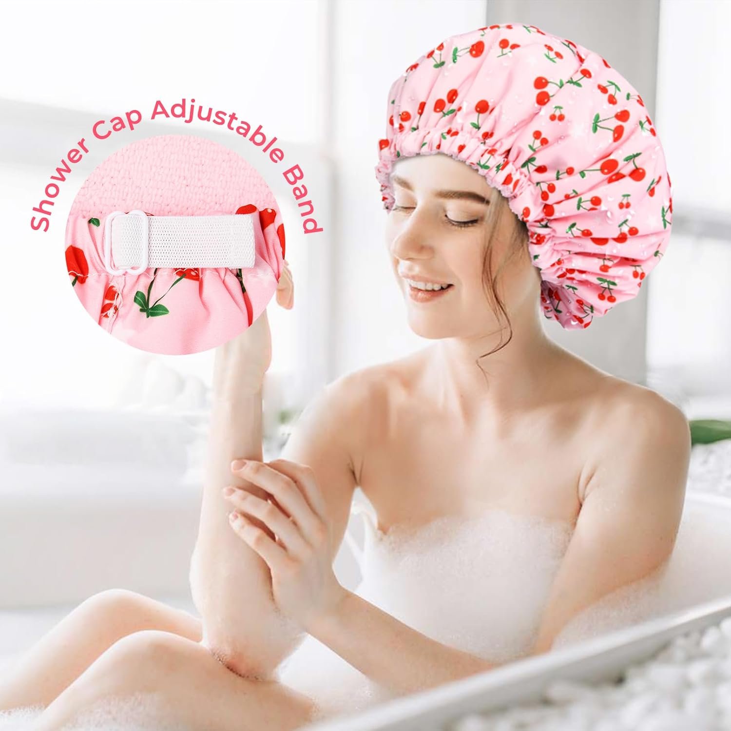 Shower Cap for Women Terry Lined Bath Cap Large Reusable Waterproof Elastic Band Pink Shower Caps for Long Thick Hair Soft Bath Shower Hair Caps - Image 4