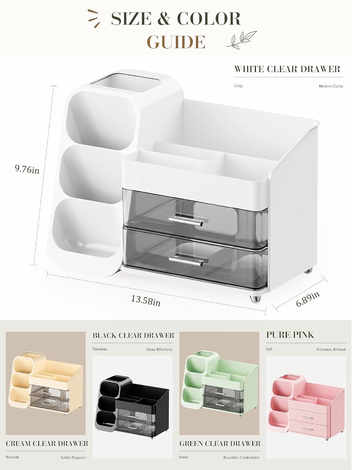 Makeup Organizer for Vanity - Large Skincare Organizers Countertop, Cosmetic Organizer with Brush Holder and 2 Drawer, Makeup Storage for Lipsticks, Nail Polishes, Eyeshadow Palettes, White - Image 7