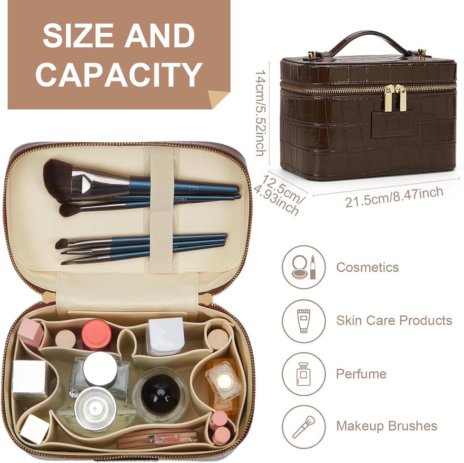 HiTotes Makeup Bag Crocodile Vanity Case for Women Travel Cosmetic Bag Leather Toiletry Bags Makeup Organizer Case - Image 2