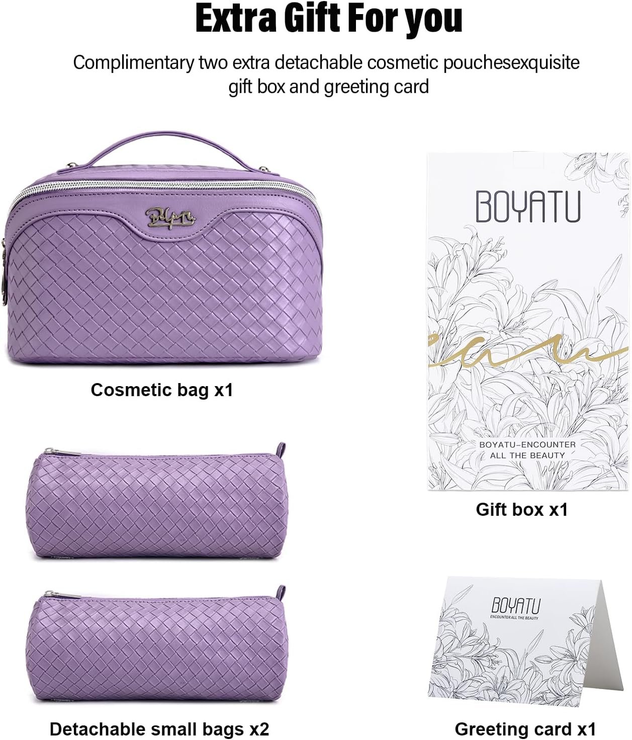 BOYATU Travel Makeup Bag Cosmetic Bags for Women: 3 Pcs Set Make up Bag | Large Capacity Waterproof Vegan Leather Organizer Bags with Compartments - Lay flat Toiletry with Handle (L01 Purple) - Image 5