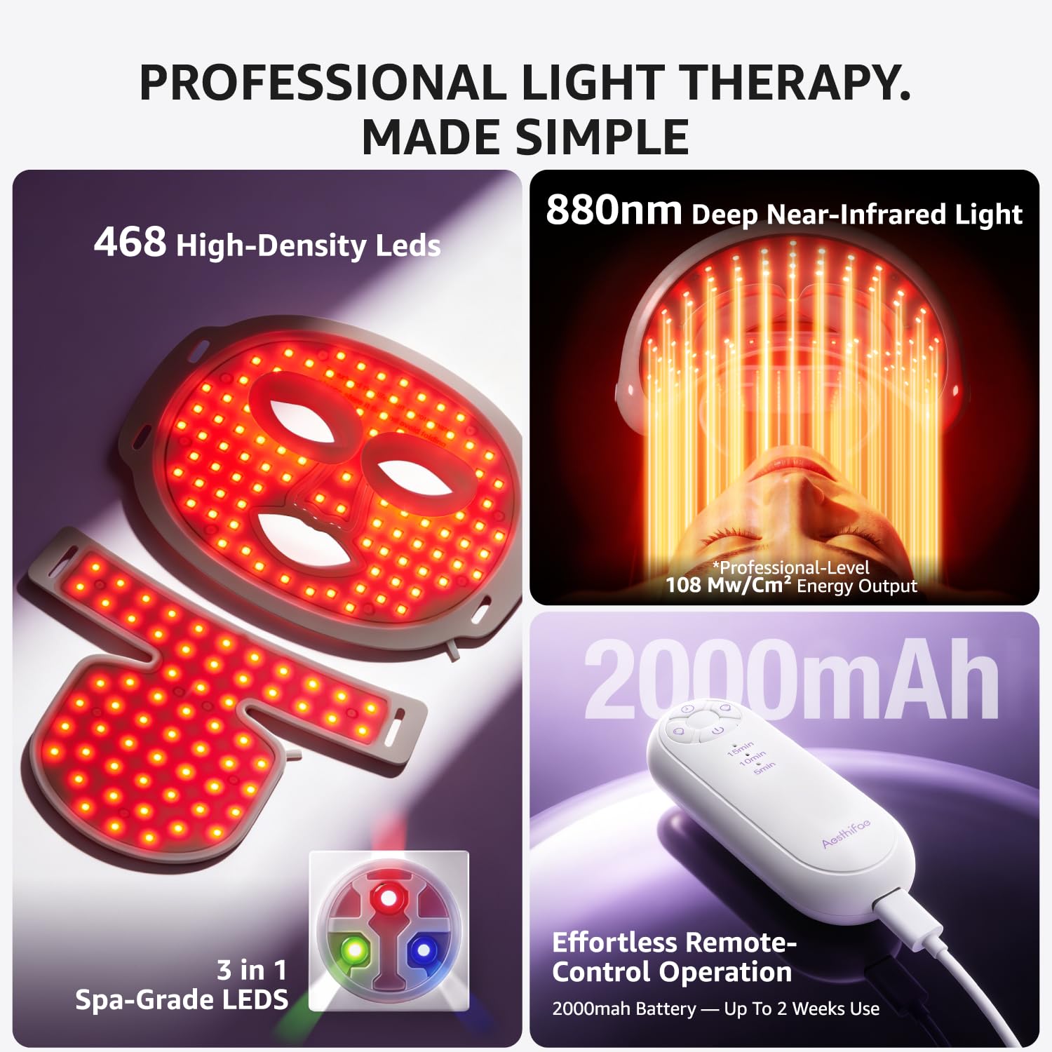 Red Light Therapy for Face and Neck, 7 in 1 Red Light Therapy Mask with NIR Portable Rechargeable Led Face Mask with Eye Protection and Remote for True Anti-Wrinkles Skincare at Home White - Image 3
