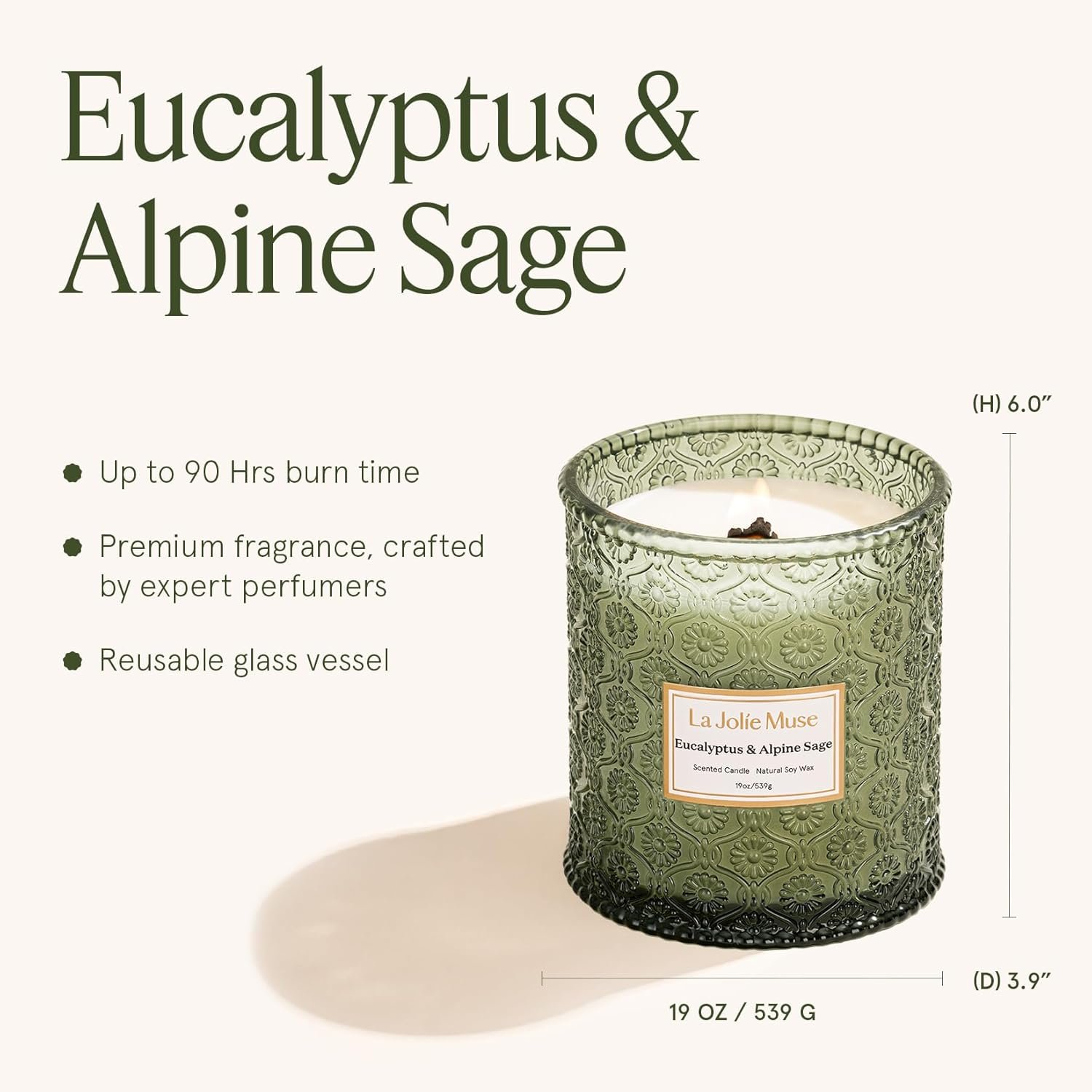 LA JOLIE MUSE Eucalyptus Sage Fresh Scented Candles for Home, 19 oz Soy Wax | Large Jar Luxury Candle, Clean Non Toxic, Gift for Women & Men, Relaxing Aromatherapy Candle, Decorative Candles, Wood Wick - Image 5