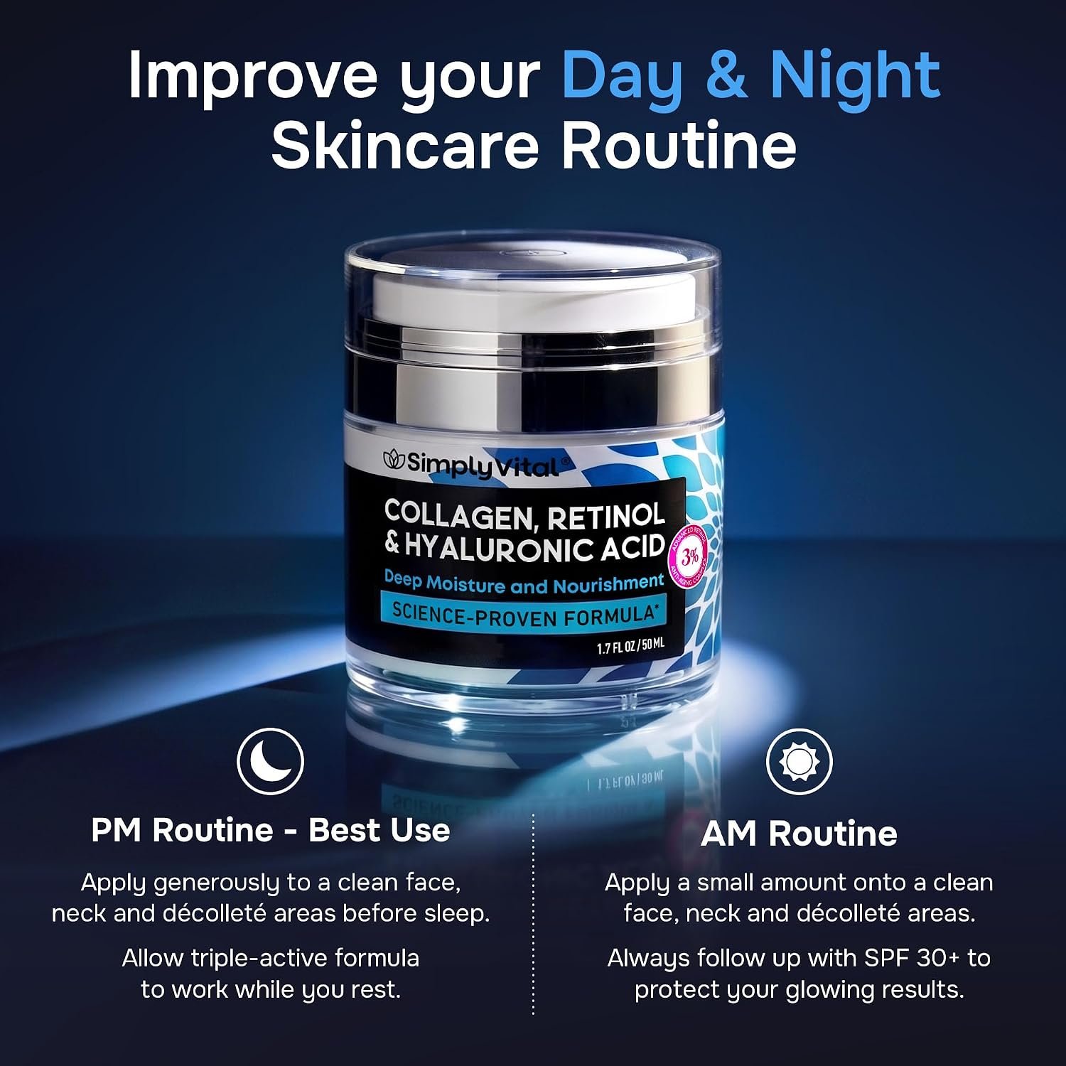 SimplyVital Face Moisturizer Retinol Collagen Hyaluronic Acid Cream 1.7 oz | Anti-Aging, Moisturizer Face Cream for Women & Men, Visibly Firming, Hydrating Neck Care, Day & Night Skin Care, Silky Feel - Image 4