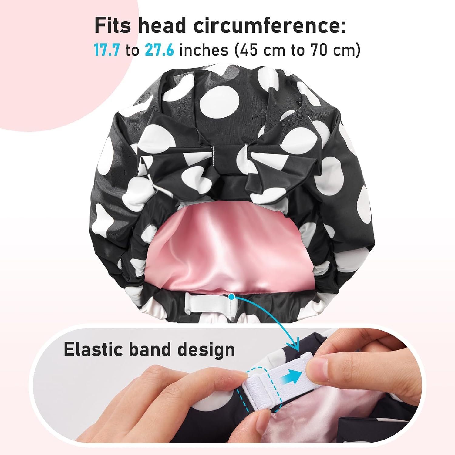 LitBear Luxury Silk Lined Shower Caps for Women Reusable Waterproof | Double Layered Large Bathing Hair Cap with Adjustable Elastic Strap, Non-slip, Quick-dry, for Long Short Hair, Black Dots - Image 5