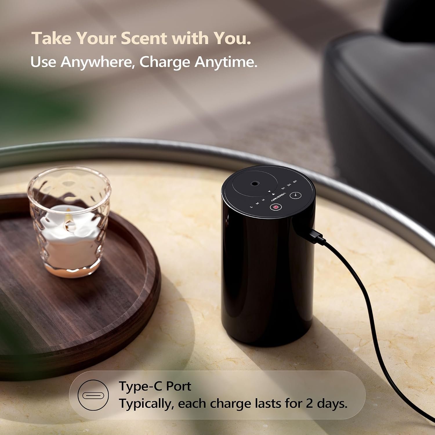 Airversa AN8 Waterless Essential Oil Diffuser Starter Kit, Black | 4 x 10mL Hotel Scent Fragrance Oi, Up to 600 sq ft, Battery Operated, Portable for Home Car Office, AN8Kit-4x10-01 - Image 5
