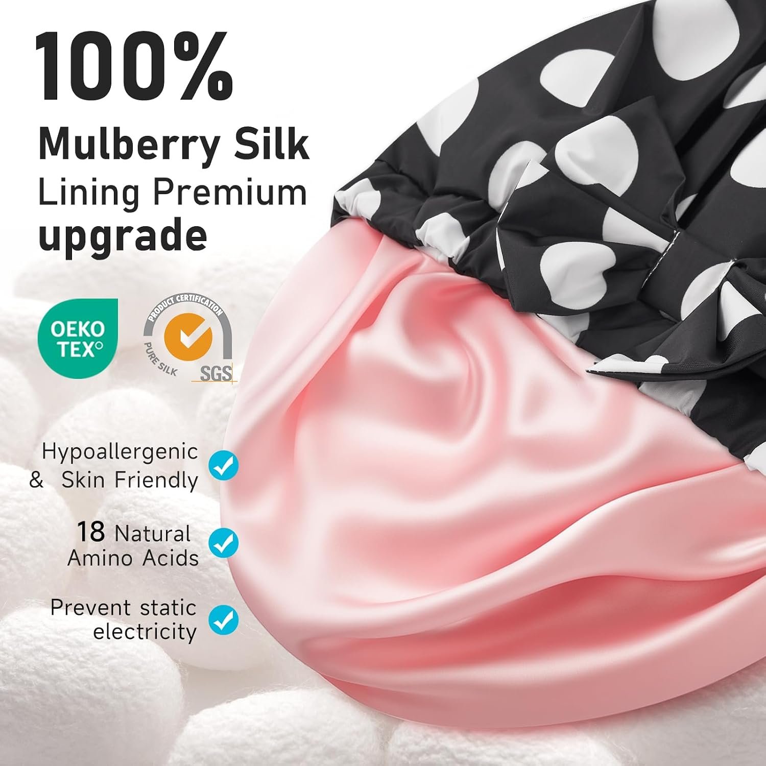 LitBear Luxury Silk Lined Shower Caps for Women Reusable Waterproof | Double Layered Large Bathing Hair Cap with Adjustable Elastic Strap, Non-slip, Quick-dry, for Long Short Hair, Black Dots - Image 2