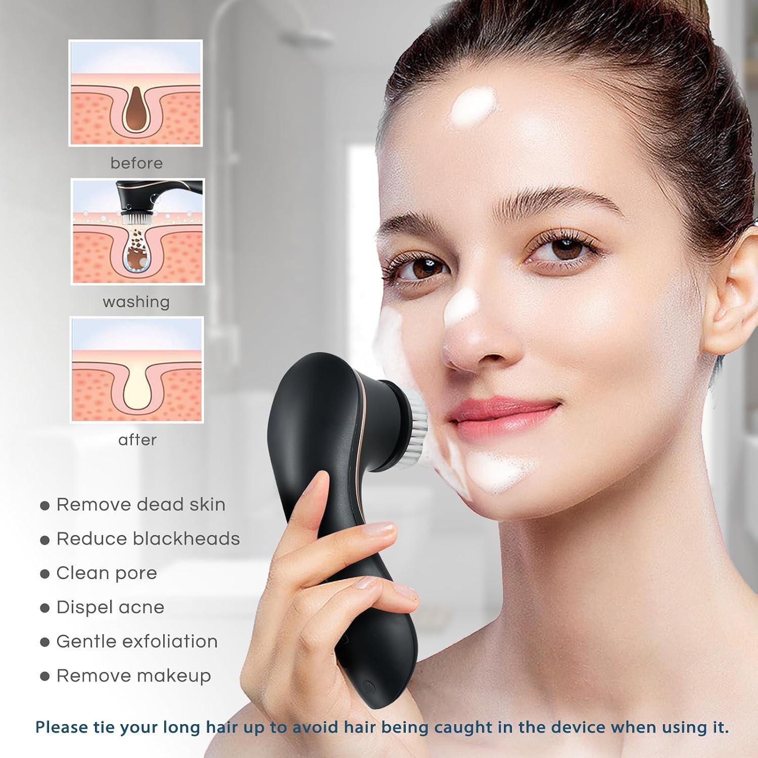Facial Cleansing Brush, Electric Face Scrubber Rechargeable Exfoliator IPX-7 Waterproof Rotating Cleanser for Exfoliating, Massaging and Deep Cleansing for Women & Men with 4 Brush Heads Black | Rechargeable Exfoliator, Massaging and Deep Cleansing for Women & Men, 4 Brush Heads, Black - Image 5