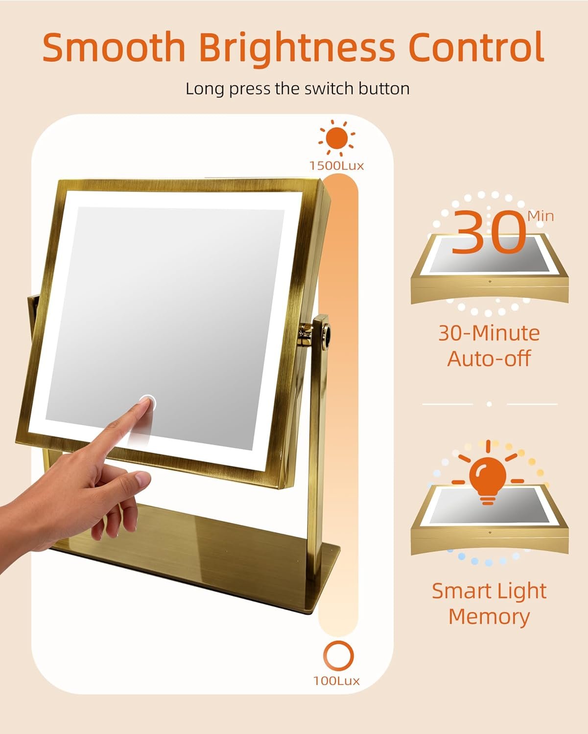 Ruacq Makeup Mirror with Lights, Dual Sided 1X/10X, Antique Brass | 8",4000mAh Rechargeable, Magnifying Mirror with 3 Color Lights,Touch Control Dimmable, 360° Rotation, Square, Gift for Women - Image 5