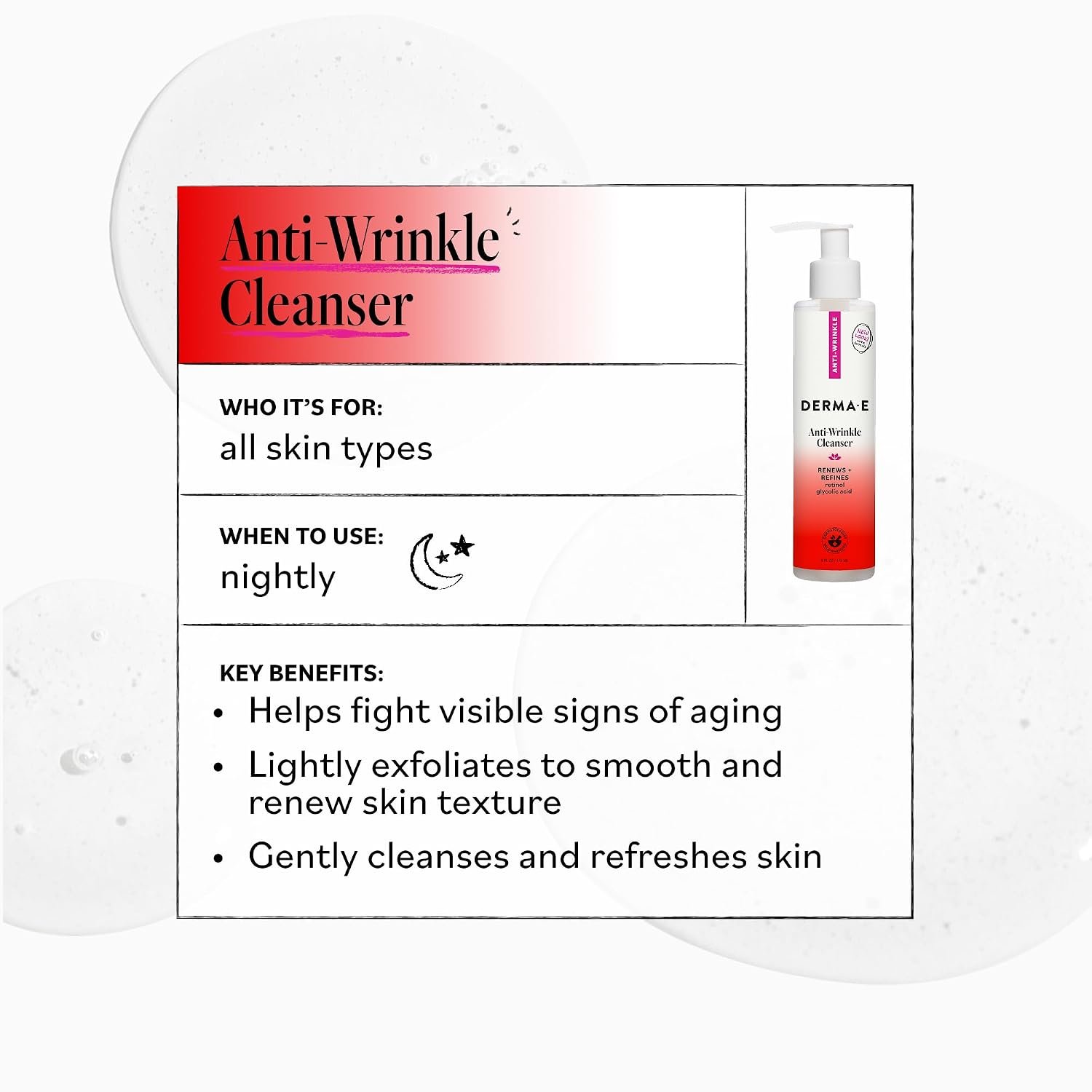 DERMA E Anti-Wrinkle Cleanser for Nighttime with Glyolic Acid, 6 Fl Oz | Exfoliating face wash, makeup remover, glycolic acid, retinol & bakuchiol, washes away dirt, oil & impurities for soft skin - Image 4