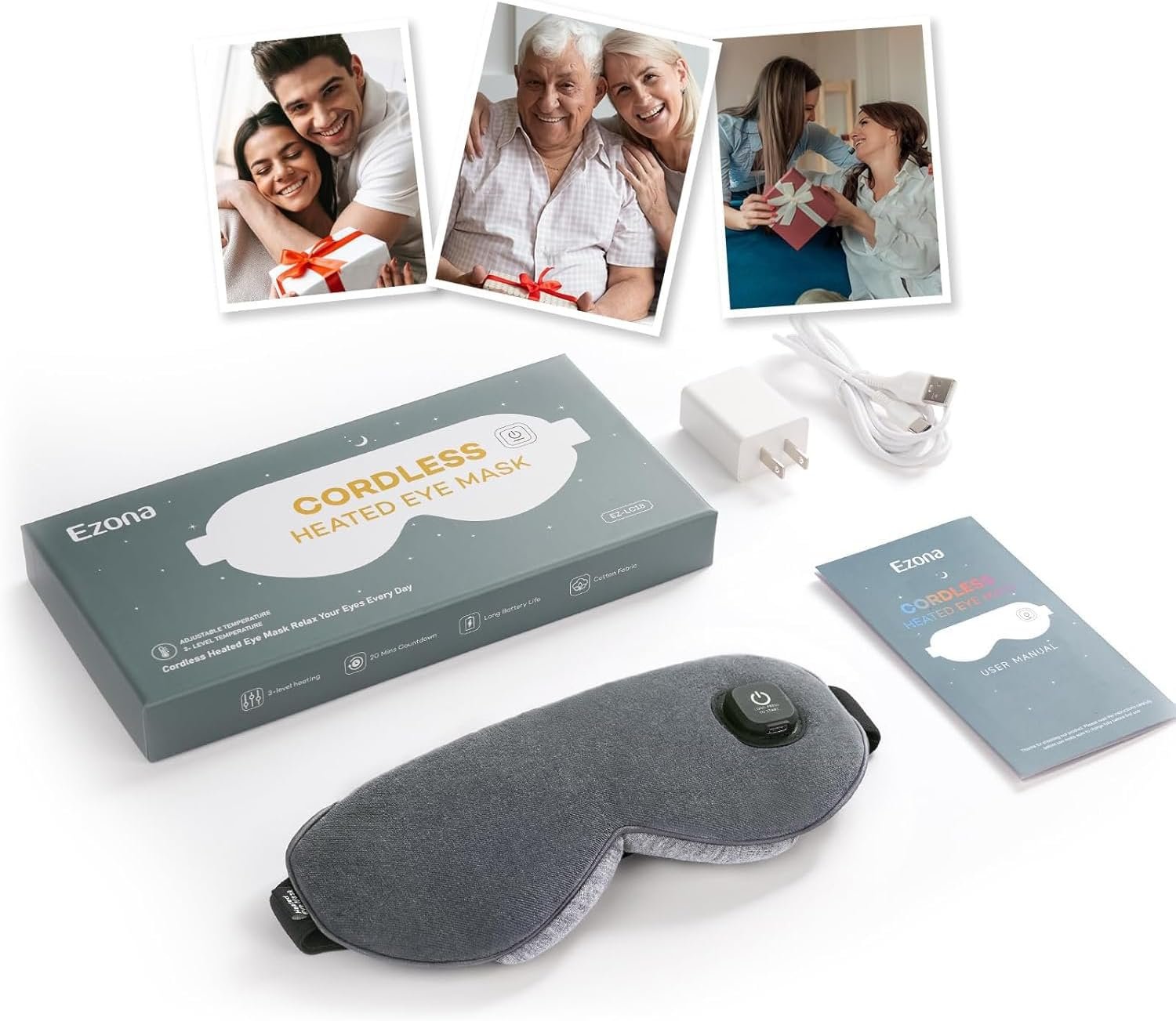 Ezona Heated Eye Mask, Cotton Cordless Warm Eye Compress Mask for Dry Eyes | Dry Eye Mask for Blepharitis & Sinus Migraine, Temperature & Timer Control for Travel, 10W Charger, Washable Cover, Gray - Image 8