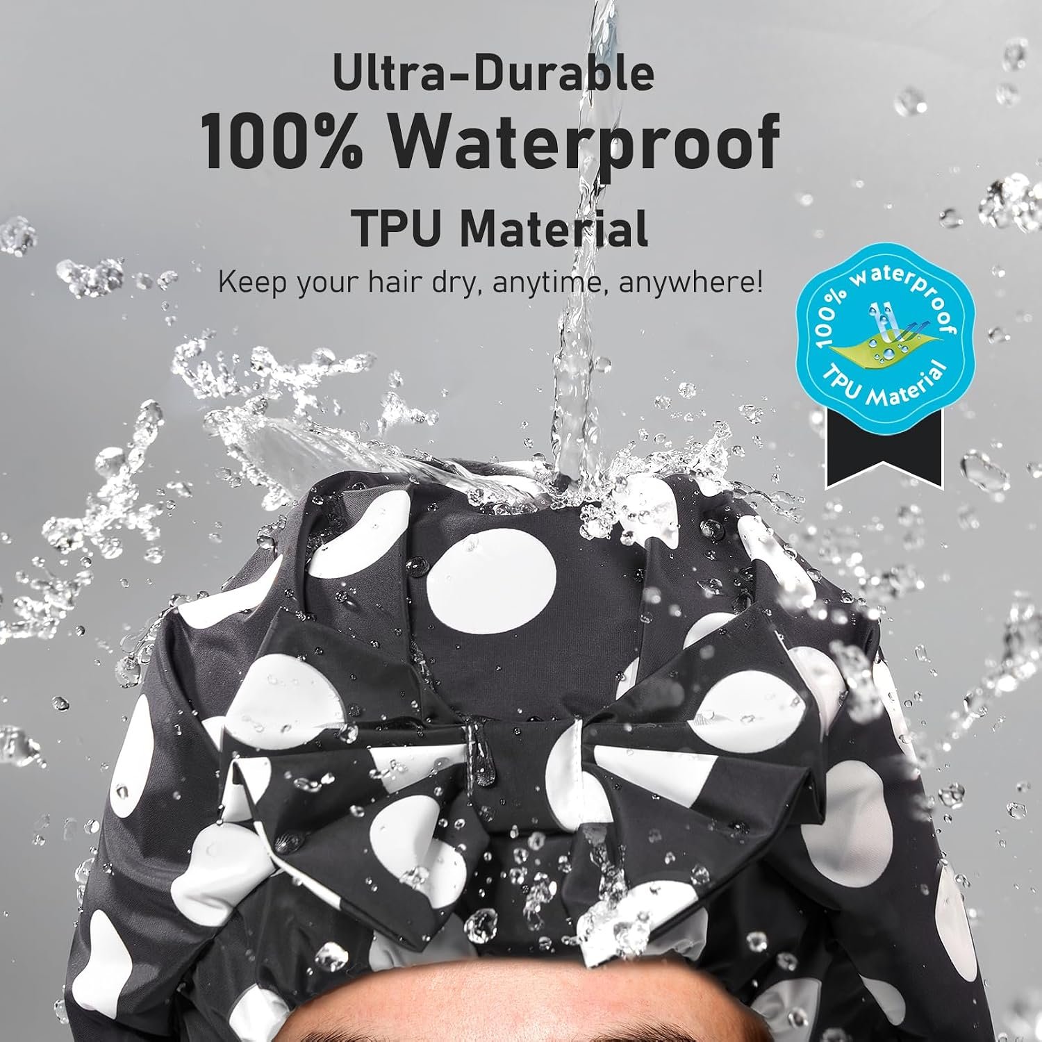 LitBear Luxury Silk Lined Shower Caps for Women Reusable Waterproof | Double Layered Large Bathing Hair Cap with Adjustable Elastic Strap, Non-slip, Quick-dry, for Long Short Hair, Black Dots - Image 4