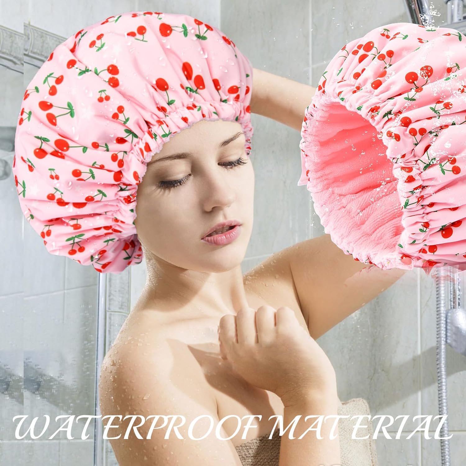 Shower Cap for Women Terry Lined Bath Cap Large Reusable Waterproof Elastic Band Pink Shower Caps for Long Thick Hair Soft Bath Shower Hair Caps - Image 3