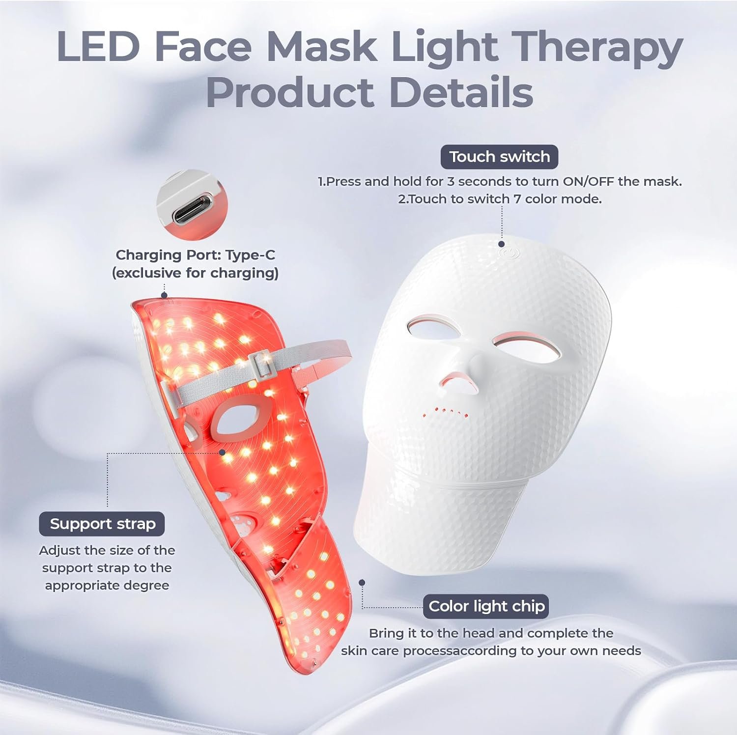 ONLUKY Red Light Therapy for Face, LED Light Therapy Mask for Face & Neck | Red Blue Infrared Light Treatment for Wrinkles & Acne, USB C Rechargeable for Home Use Working Travel Yoga - Image 6