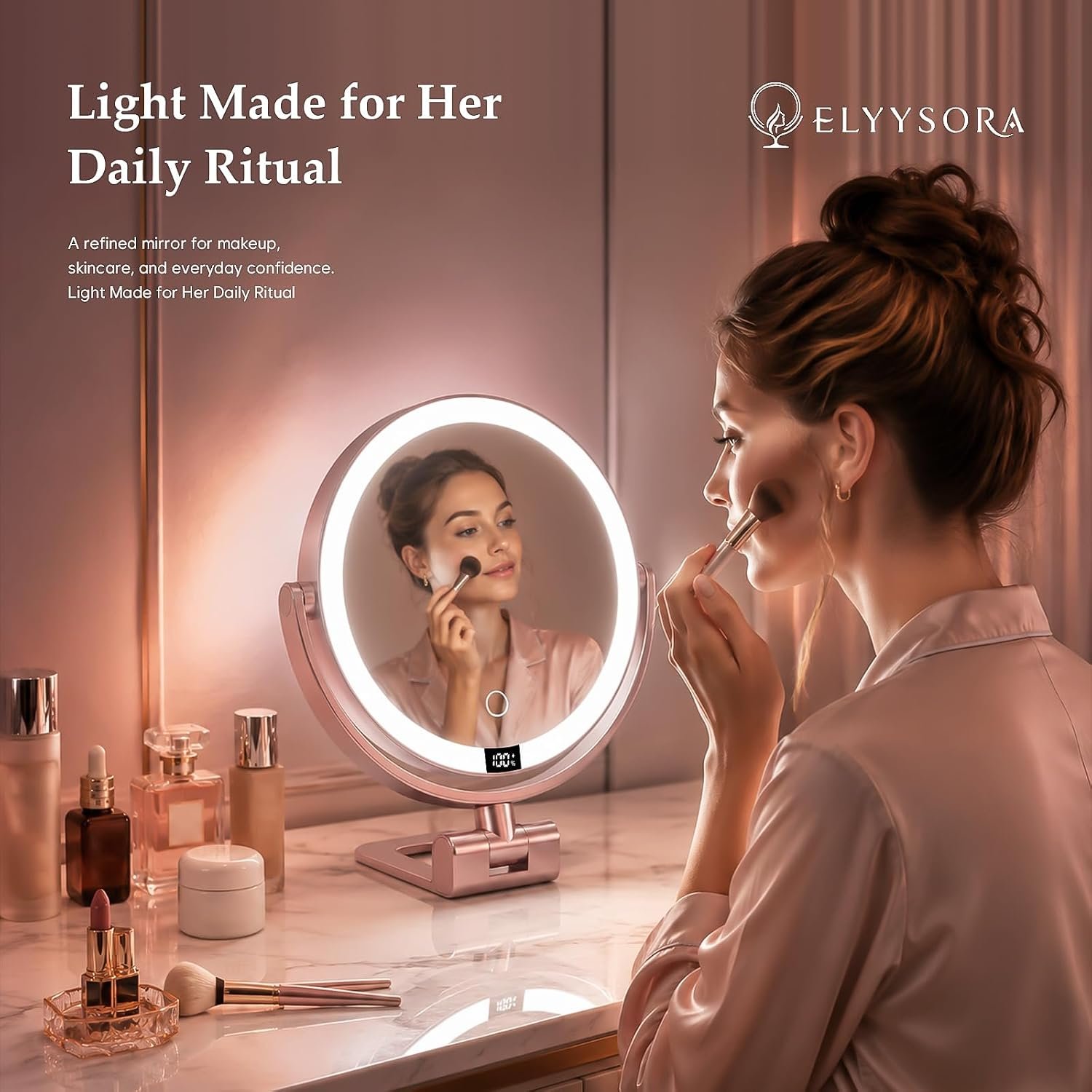 1X/30X Makeup Mirror with Lights, Magnifying Mirror (Rose Gold) | 7 in tabletop| 70 LEDs| 3 color dimming| battery display| 360 rotation| 2000mAh battery| for desk, dorm, travel, gift - Image 2