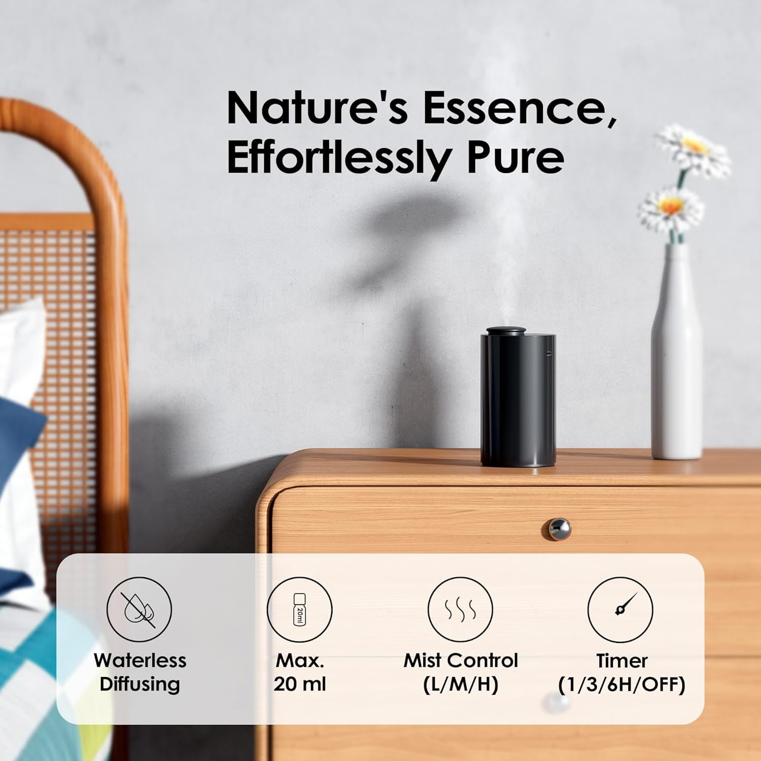 Airversa AN6 Waterless Diffuser for Essential Oil for Home, Room, Black | Up to 600 sq ft, Battery Operated, 20mL, Timers & Mist Levels, Car Diffuser, for Office, Bathroom, Cold Air, Portable - Image 3