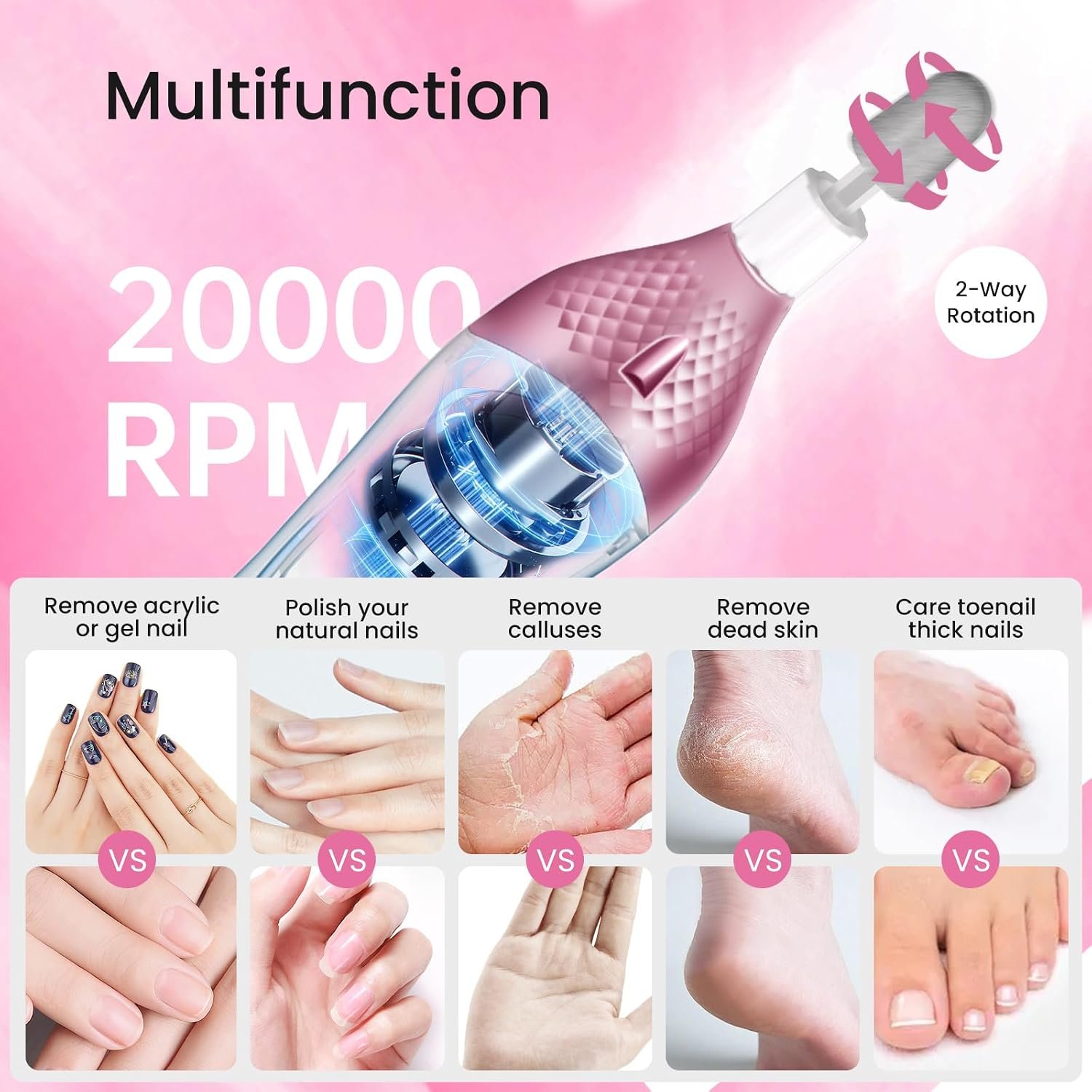 36-Piece Professional Manicure Pedicure Kit-Cordless Electric Nail File Kit,20000RPM, 11Pcs Bits,4 Speed,Rechargeable Pedicure Tool for Feet,Hand Foot Care Nail Drill Tool for Nail Grind Trim Polish - Image 5