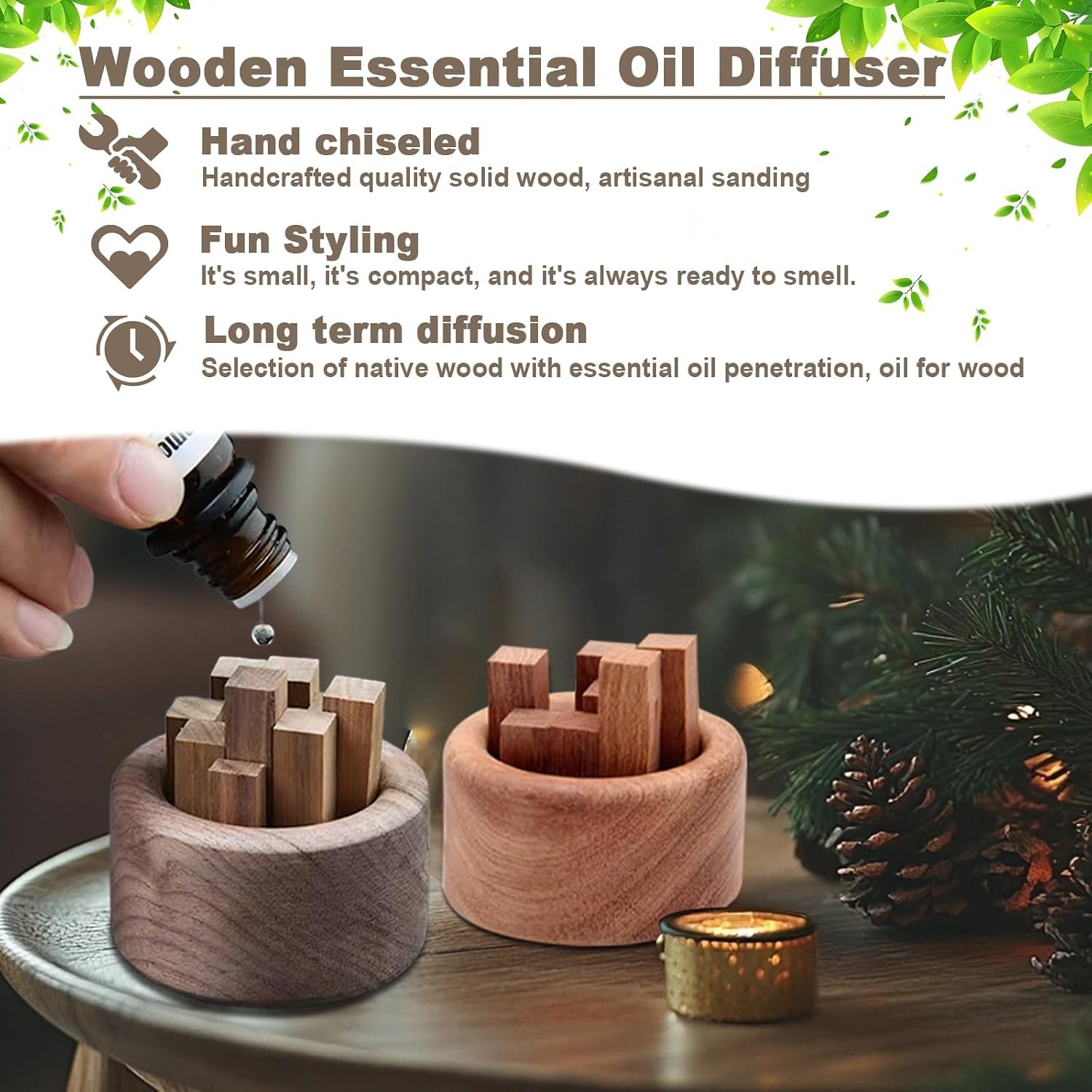 3 Pieces Wood Diffuser for Essential Oils, Aromatherapy Diffuser Black Walnut Wood for Home Office Bedroom Car - Image 6