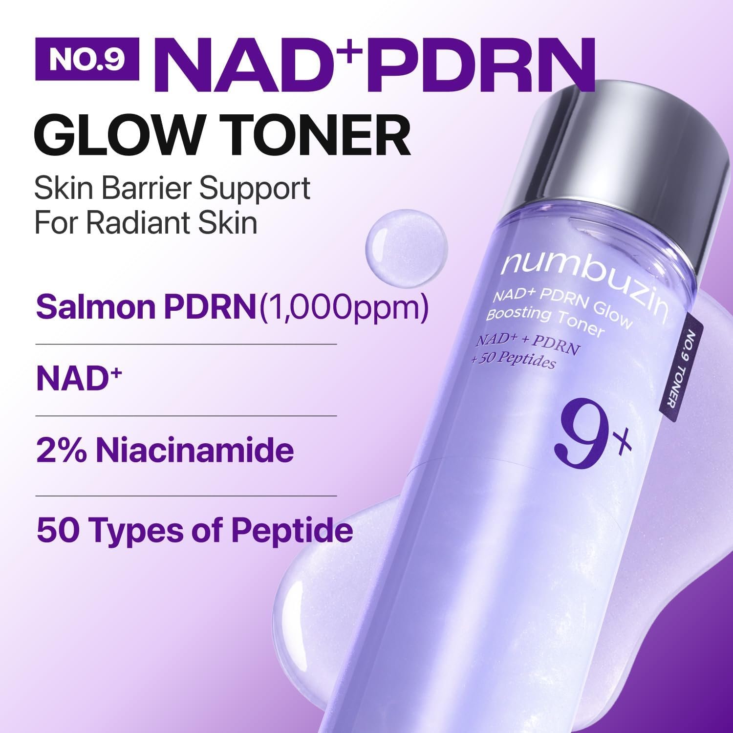 numbuzin No.9 NAD+ Salmon PDRN Toner, Glass Skin Hydrating Toner with Peptides & Niacinamide, Instant Plumping, Firming & Anti-Aging Korean Skincare, 5.07 fl oz - Image 2