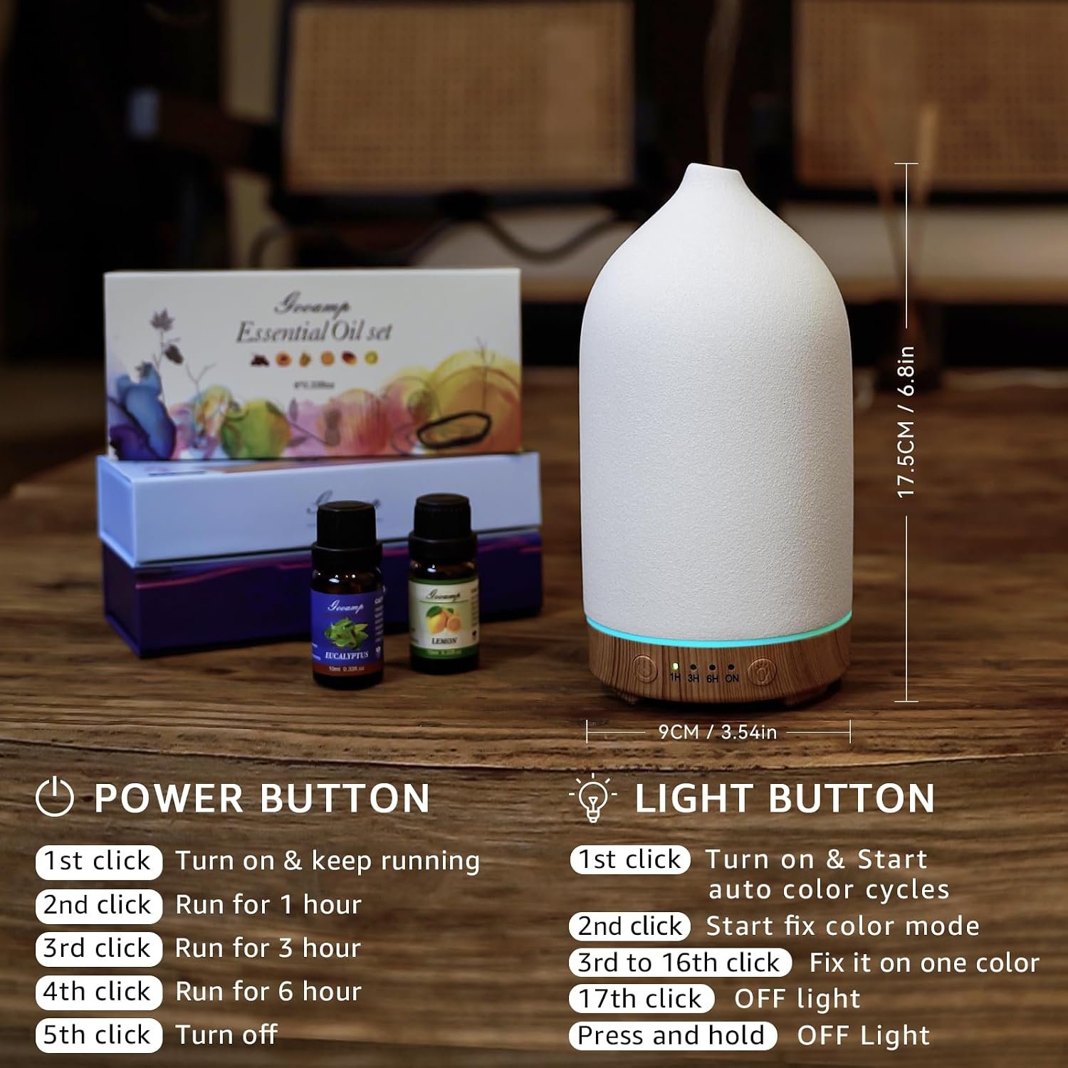 Gooamp 200ML Ceramic Essential Oil Diffuser for Home, Stone Diffuser | Ultrasonic Aromatherapy Diffuser & Air Humidifier for Bedroom, Office, Yoga, 7 LED Lights, Auto Shut-Off, 3 Timers,Wood Grain - Image 8
