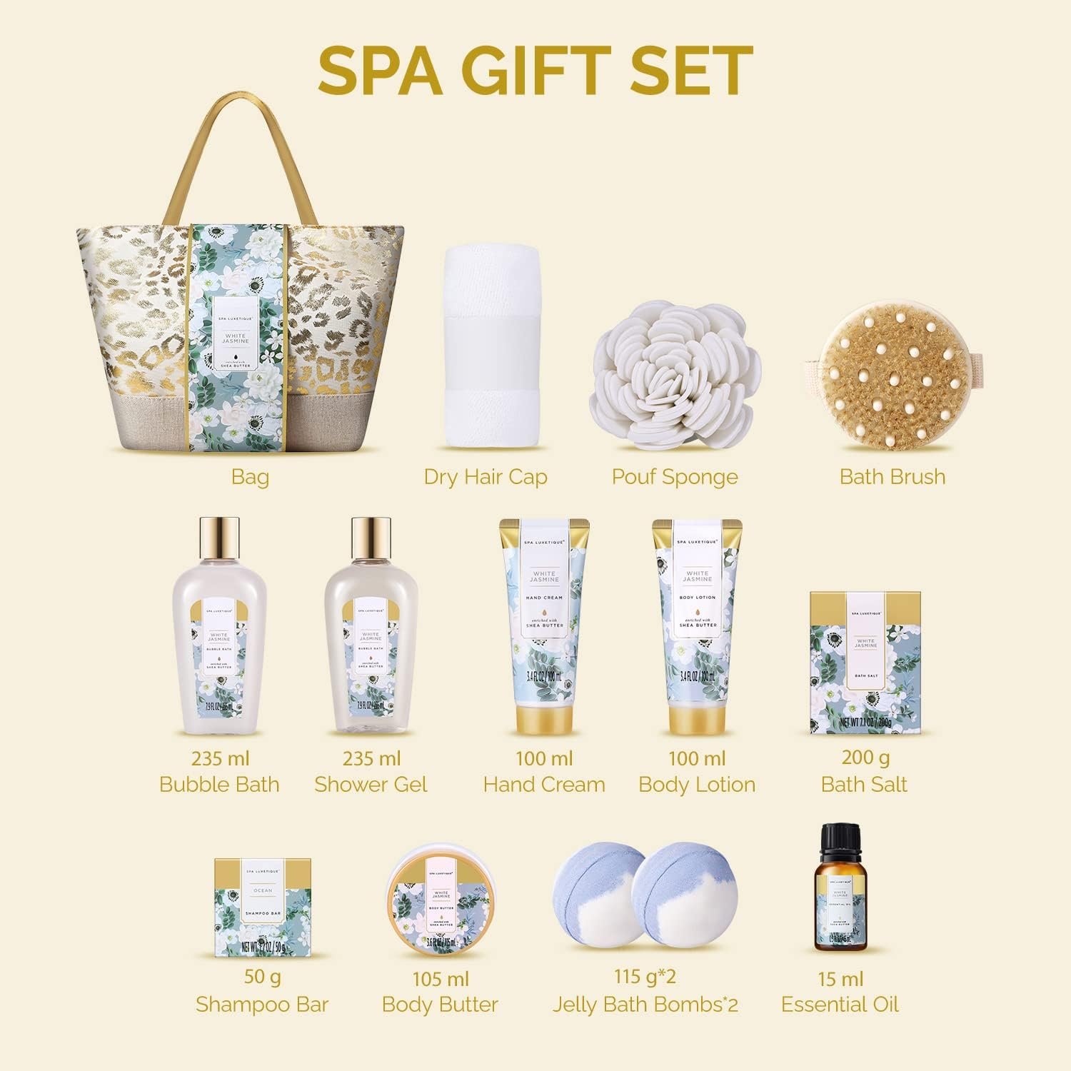 Spa Luxetique White Jasmine 15pc Spa Gift Baskets Gifts for Women Spa Gifts | Bath Set, Birthday Gifts for Women, Spa Baskets for Women, Self Care, Retirement Gift, Bridal Shower Gifts, Woman Gift Set - Image 2