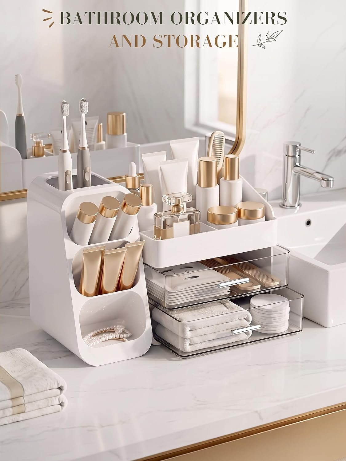 Makeup Organizer for Vanity - Large Skincare Organizers Countertop, Cosmetic Organizer with Brush Holder and 2 Drawer, Makeup Storage for Lipsticks, Nail Polishes, Eyeshadow Palettes, White - Image 5