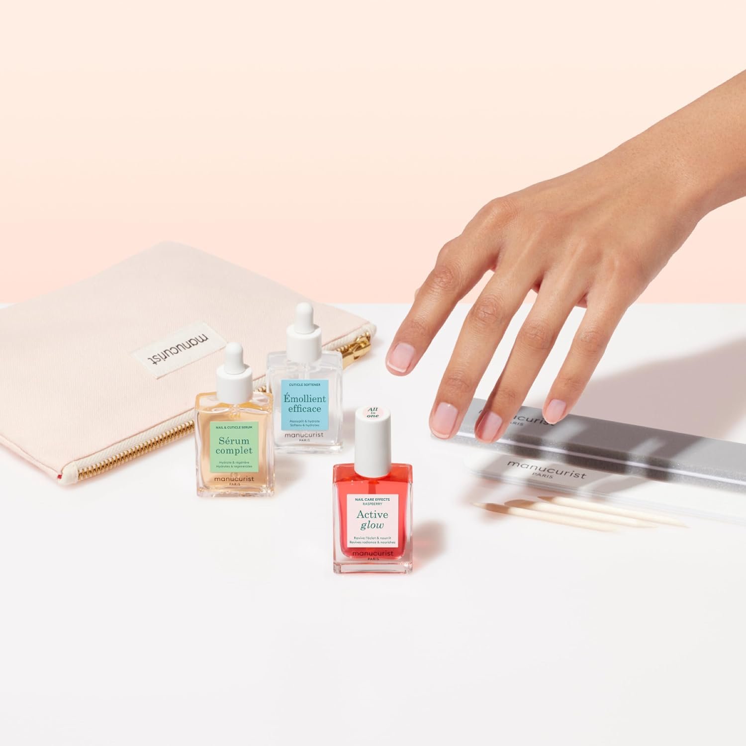 Manucurist Active Glow Nail Care Kit Manicure Set Made in France | Nail Care Kit with Active Glow, Complete Serum, Nail File, Buffer, Cuticle Remover & 3 Wood Cuticle Pushers - Image 2