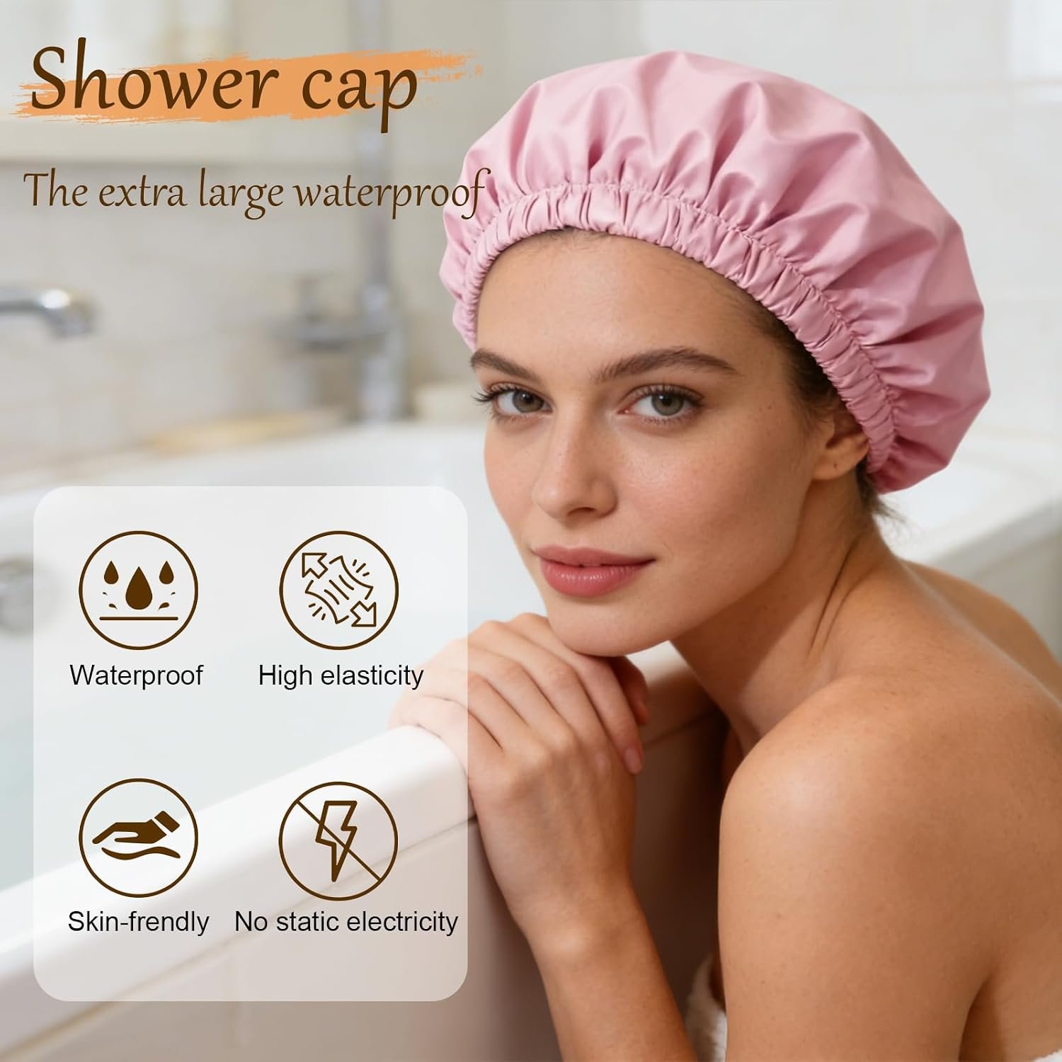 Shower Cap for Women, Reusable Waterproof Satin Lined Shower Cap | Large Shower Cap for Women, Satin Lined Bath Caps with Soft Elastic Band, Washable Reusable Waterproof Shower Bonnet - Image 2
