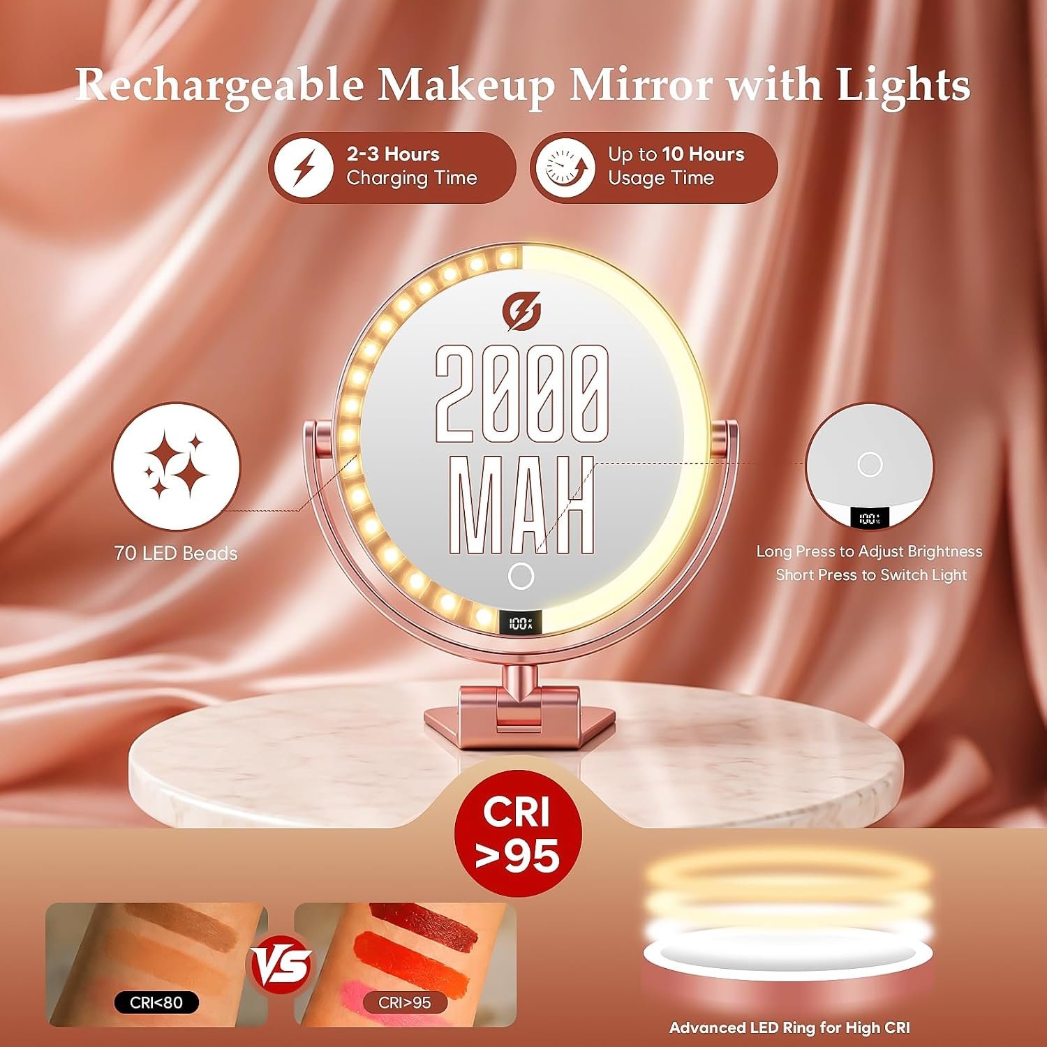 1X/30X Makeup Mirror with Lights, Magnifying Mirror (Rose Gold) | 7 in tabletop| 70 LEDs| 3 color dimming| battery display| 360 rotation| 2000mAh battery| for desk, dorm, travel, gift - Image 5