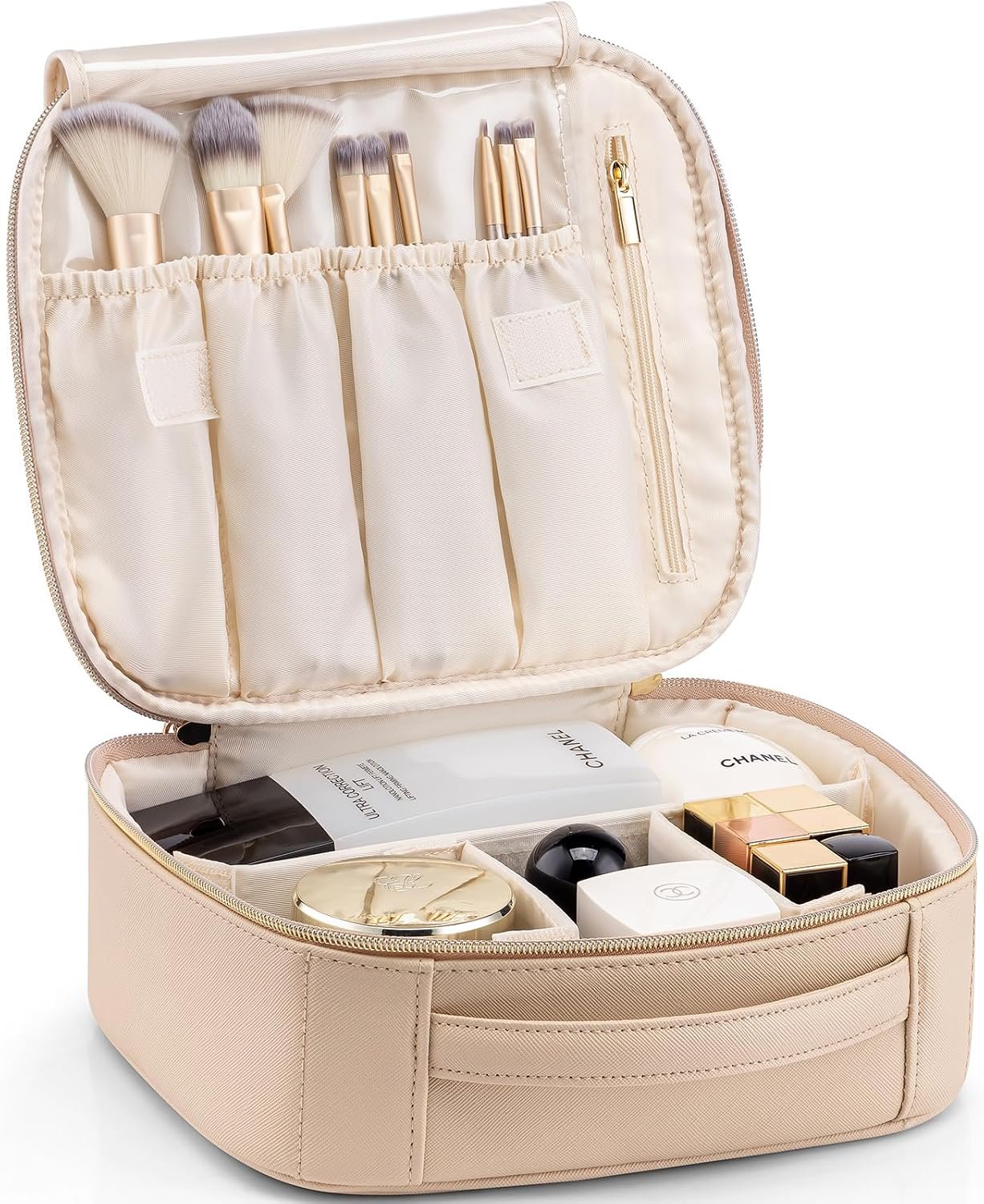 VLANDO Travel Makeup Bag for Women PU Leather Cosmetic Organizer | Large Capacity, Portable with Dividers & Handle; For Travel, Wedding, Girls & Makeup Brushes Storage - Image 6