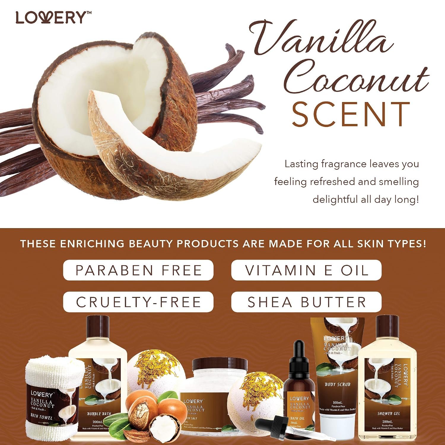 Gifts For Women Gift Basket for Women– 9 Piece Set of Vanilla Coconut Home Spa Set, Luxurious Gifts for Her, Bath and Body Sets Includes Fragrant Lotions, Large Bath Bombs, Coconut Oil - Image 4