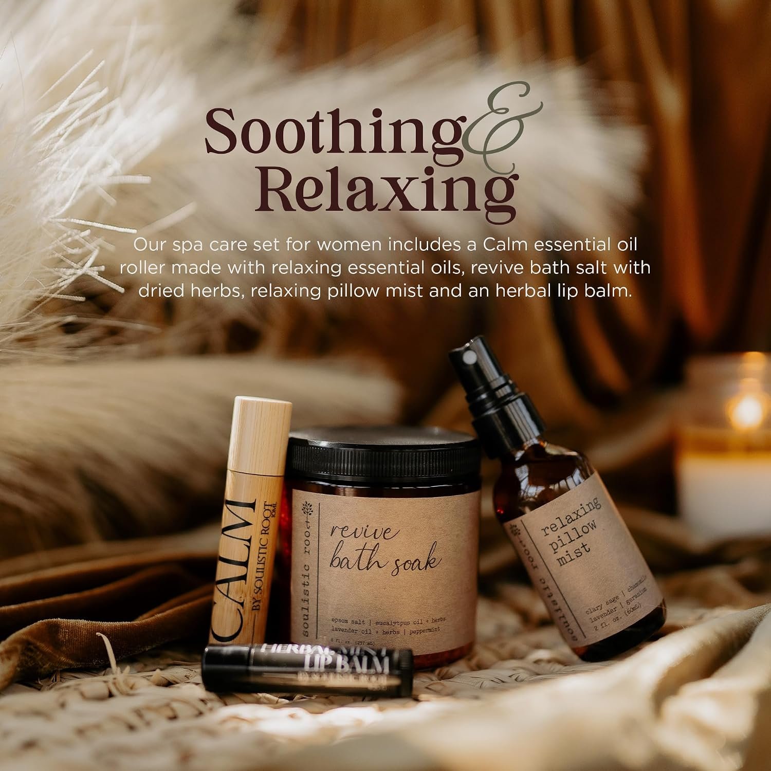 SOULISTIC ROOT Self-Care Set - Luxury Spa Bath Kit, Pillow Mist, Cooling Lip Balm, Tranquil Essential Oil Roller & Epsom Salt Bath Soak Pampering Package, Holistic Gifts for Him & Her - Image 3