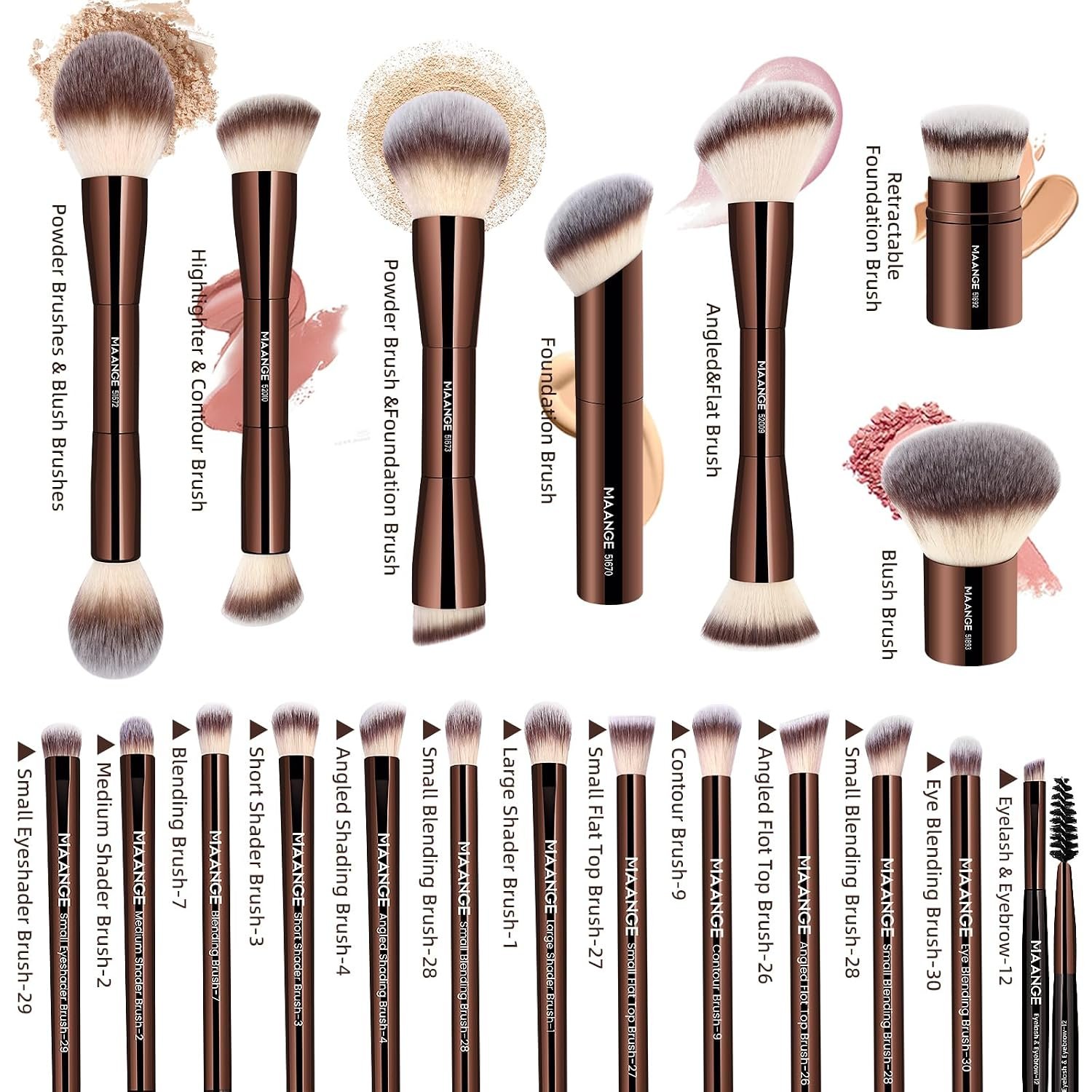 MAANGE 20 Pcs Makeup Brushes with Gift Box, Double-End Multi-functional Makeup Brushes for Blending Liquid Powder Concealer Cream Blush Buffe,CoffeeBrown - Image 3