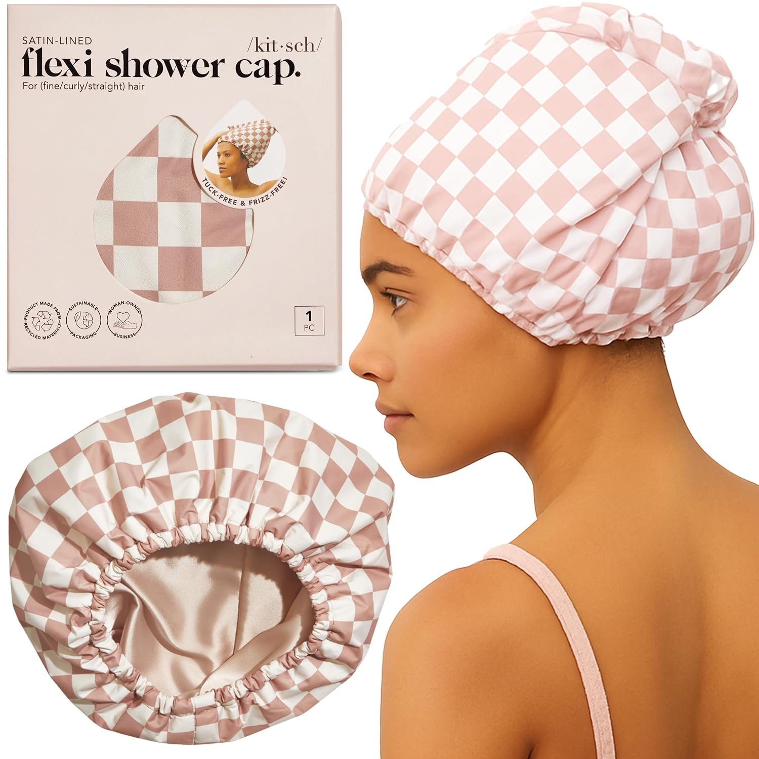 Kitsch Luxury Satin-Lined Flexi Shower Cap for Women - Terracotta Checker | Shower Caps for Women Reusable Waterproof - Non-slip, Comfortable Quick-dry Hair Shower Cap for All Hair Types