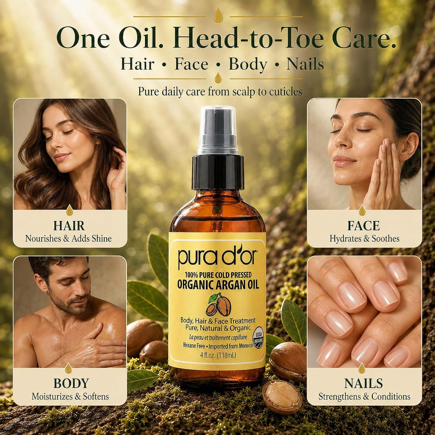PURA D'OR ORGANIC Moroccan Argan Oil Pure Cold-Pressed Hair & Skin, 4oz | Shine, Softness, Frizz Control, USDA Certified, Scalp Care, Dry Ends, Cuticles, Body Care, Lightweight, Hexane-Free, Vegan - Image 5