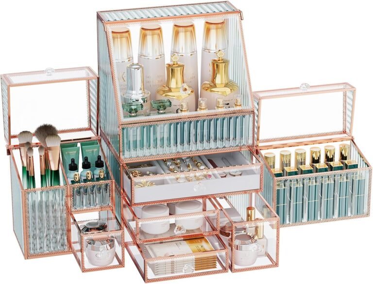 Youdepot Large Makeup Organizer, Glass Cosmetic Storage with Drawers | Stackable Makeup and Jewelry Organizer, for Vanity Table, Bathroom Countertop, Skincare, Lipsticks, Perfume, Brushes