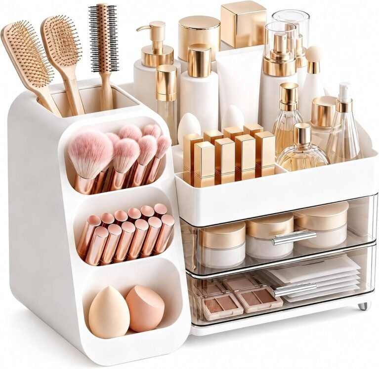 Makeup Organizer for Vanity - Large Skincare Organizers Countertop, Cosmetic Organizer with Brush Holder and 2 Drawer, Makeup Storage for Lipsticks, Nail Polishes, Eyeshadow Palettes, White
