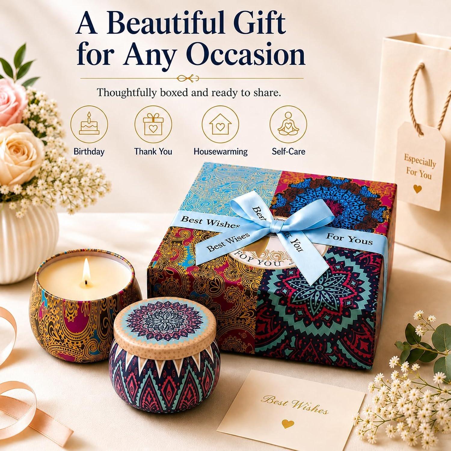 Scented Candles Gift Set for Women, 4 Pack Soy Wax Candles for Home Scented | Aromatherapy Candle Set with Classic Bohemian Tins, Stress Relief Meditation Candle, Birthday Gifts for Mom, Thank You Gifts - Image 4