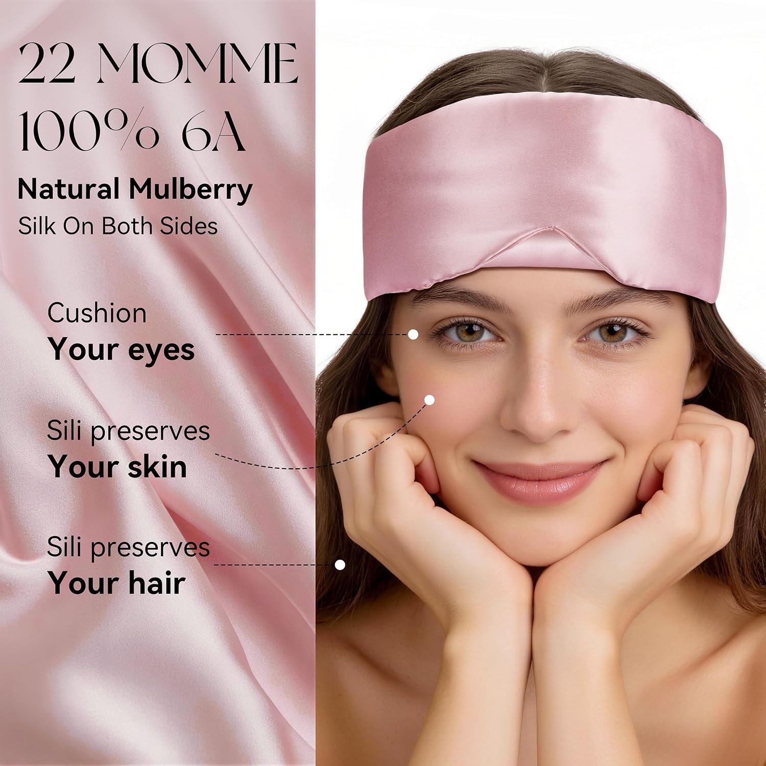 Silk Sleep Mask 22 Momme 100% Mulberry Silk & 3.5cm Silk Hairband Set for Side Sleeper Women Men,Light Blocking Nose Pad, Adjustable Silent Strap,Eye Mask fo Home & Travel Use (Pink) - Image 6