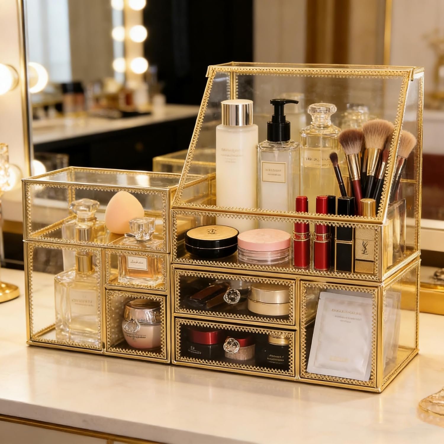 Tempered Glass Makeup Organizer with Gold Heart Shaped Metal Frame, Large Cosmetic Storage Drawer Cabinet, Dustproof Vanity Display Case for Lipstick Makeup Brush Skincare - Image 8