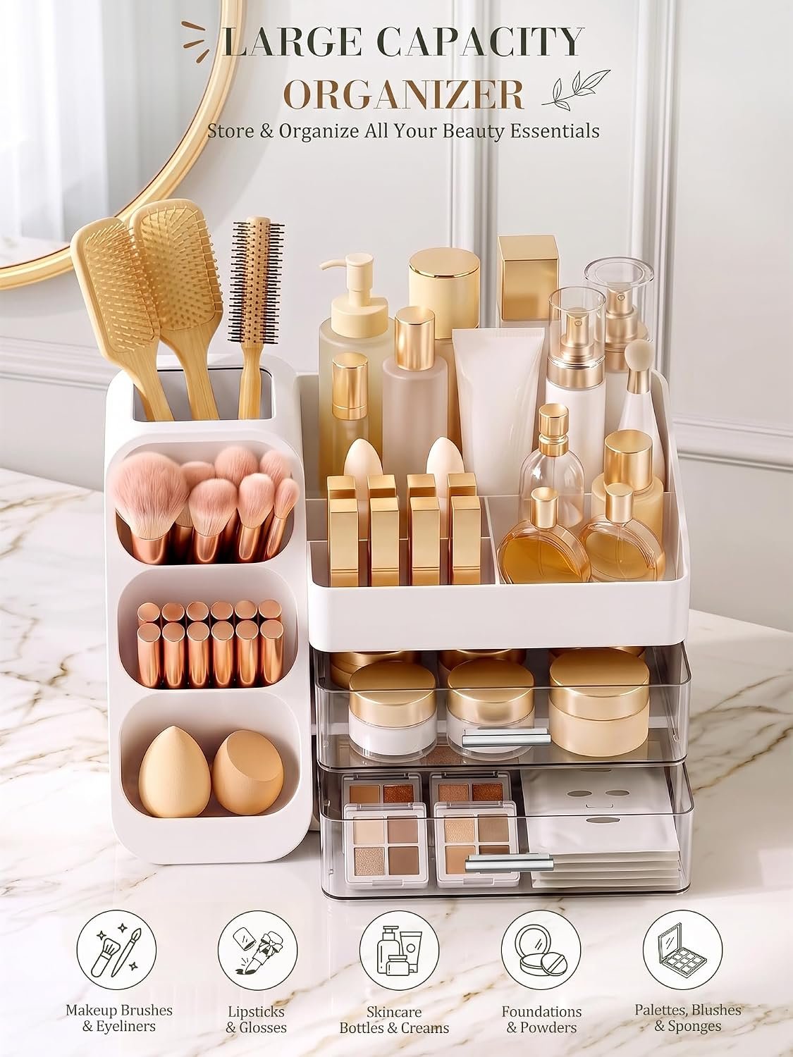 Makeup Organizer for Vanity - Large Skincare Organizers Countertop, Cosmetic Organizer with Brush Holder and 2 Drawer, Makeup Storage for Lipsticks, Nail Polishes, Eyeshadow Palettes, White - Image 3