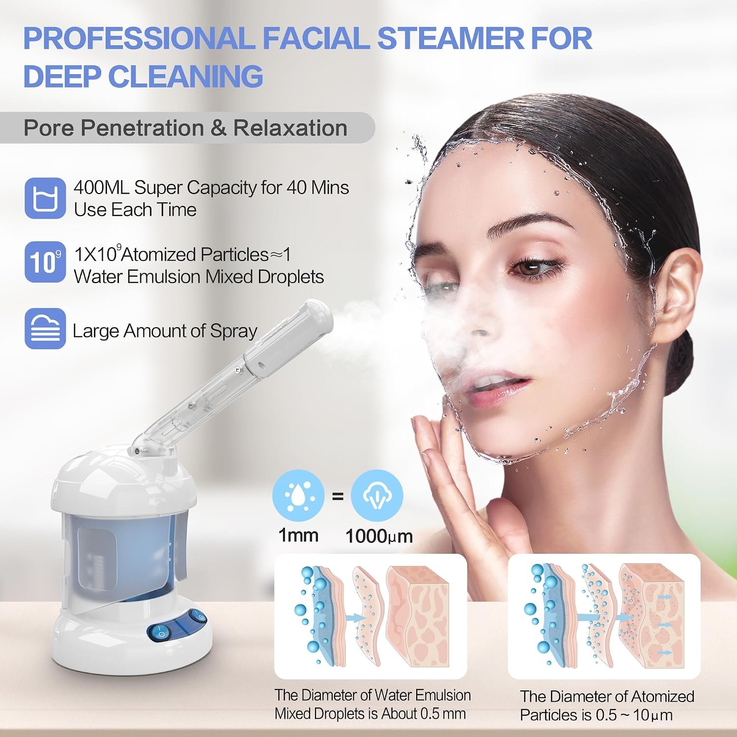 Facial Steamer, Ozone Nano Ionic Face Steamer for Deep Cleaning | Extendable arm with 360° rotating nozzle, 400ml water tank provides 40 minutes of steam for daily skincare at home or salon - Image 3