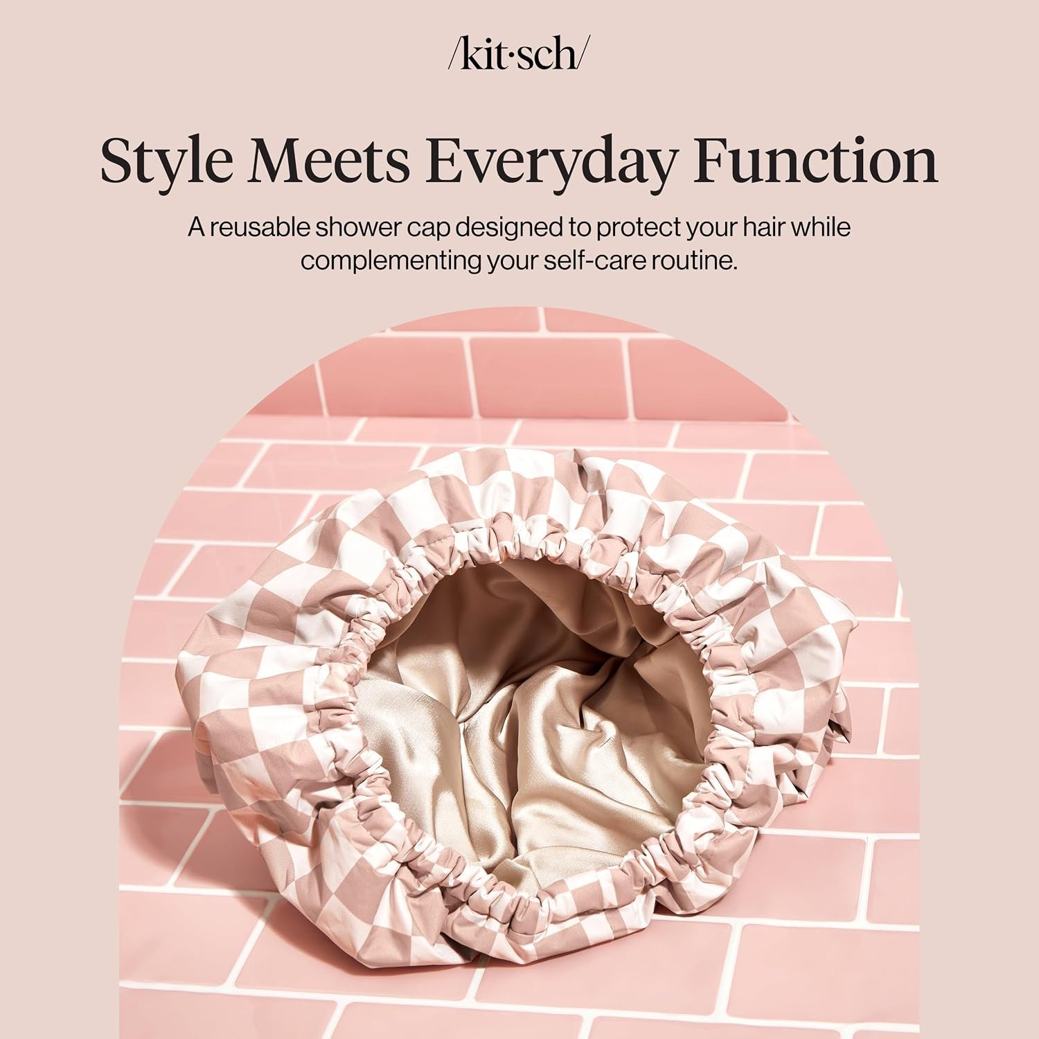 Kitsch Luxury Satin-Lined Flexi Shower Cap for Women - Terracotta Checker | Shower Caps for Women Reusable Waterproof - Non-slip, Comfortable Quick-dry Hair Shower Cap for All Hair Types - Image 8