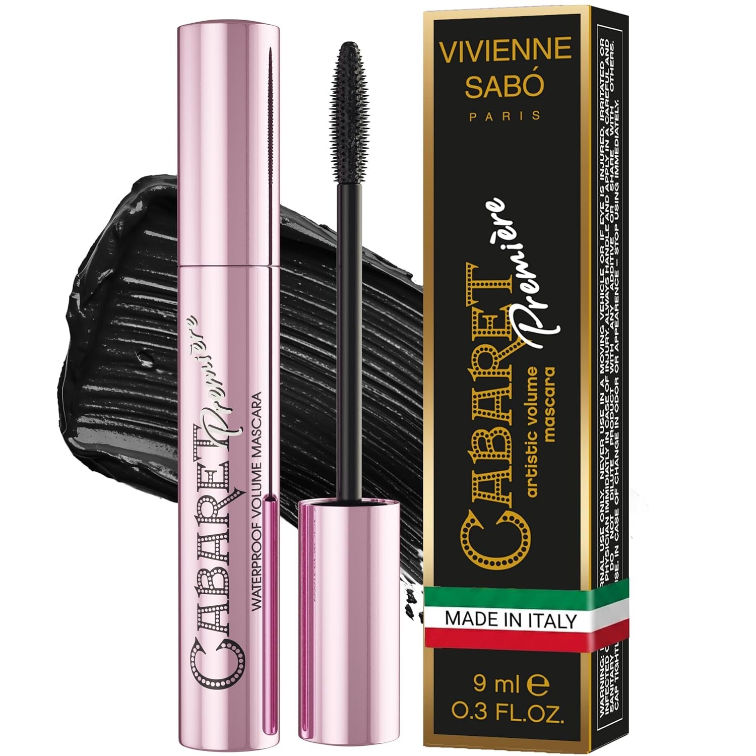 Vivienne Sabó Cabaret Premiere Black Waterproof Mascara, Volume and Length, Curling, No Flaking, No Clumping, Smudge Proof, Washable, Cruelty-Free, Made in Europe, (01 Black), 0.3 Fl Oz, 1 Pack