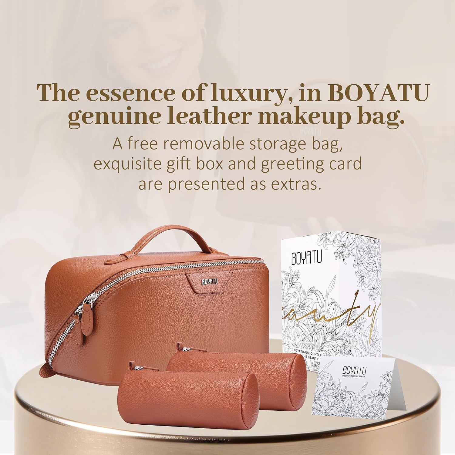 BOYATU Genuine Leather Travel Makeup Bag: Hand-made 3 Pcs Set Cosmetic Bags | Large Capacity Toiletry Organizer Bag for Women - Designer Ladies Travel Essentials for Elegance (Brown) - Image 6