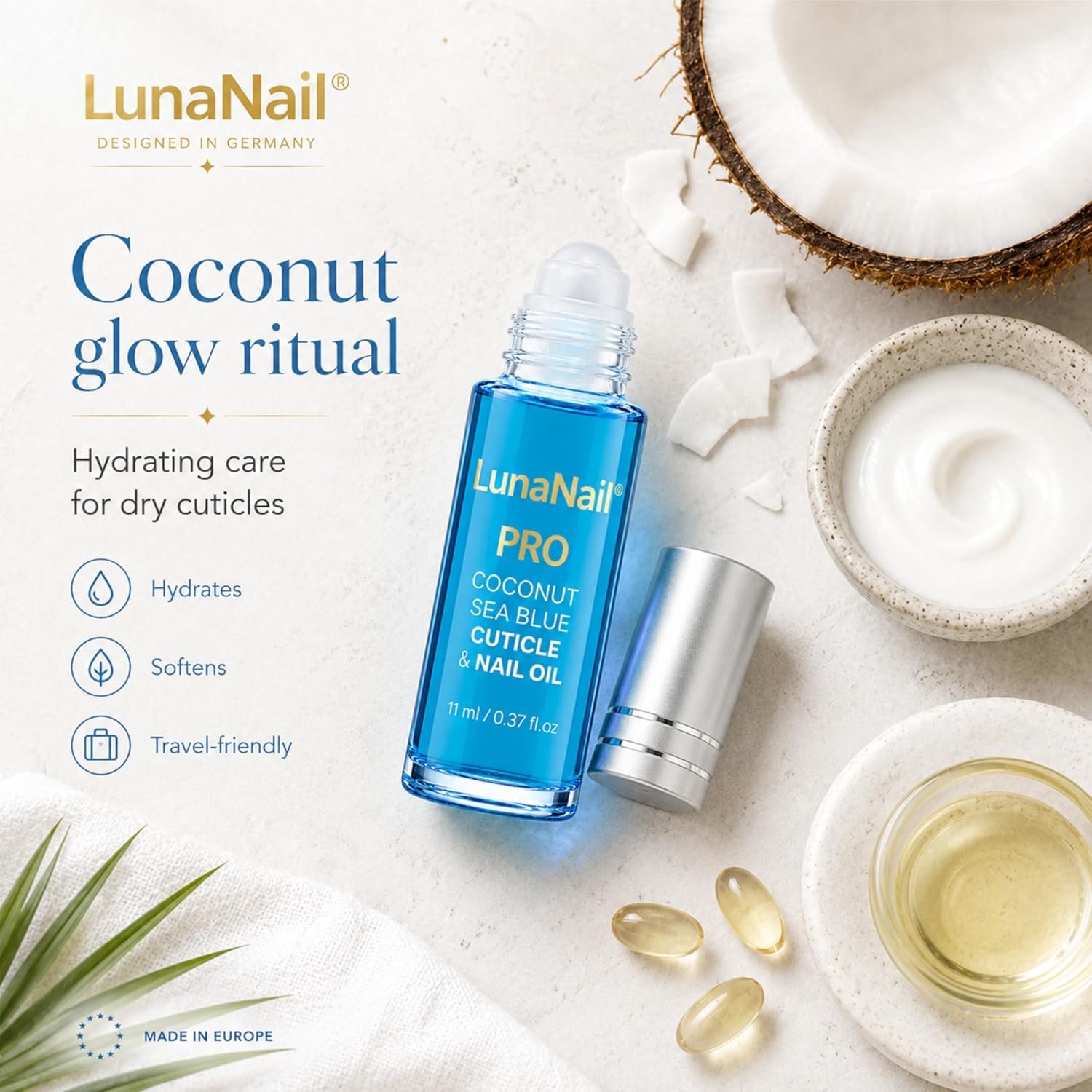 Cuticle Oil, Roll-On Nail Oil with Vitamin E & Jojoba, Hydrating Serum for Dry Cuticles, Vegan (Coconut Sea Blue) - Image 3