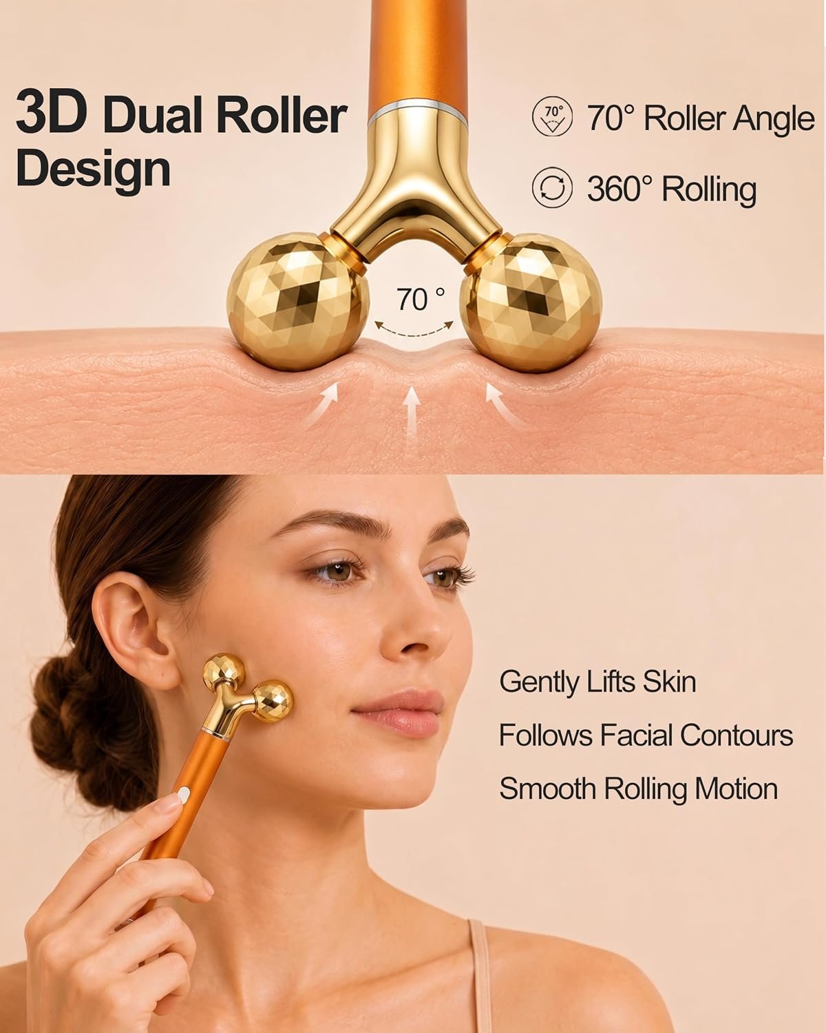 Rechargeable Face Massager Roller, Golden Vibrating T Bar Facial Massager & 3D Face Roller for Lymphatic Drainage, Face Depuffer for Jawline, Puffy Face & Skincare Routine - Image 2